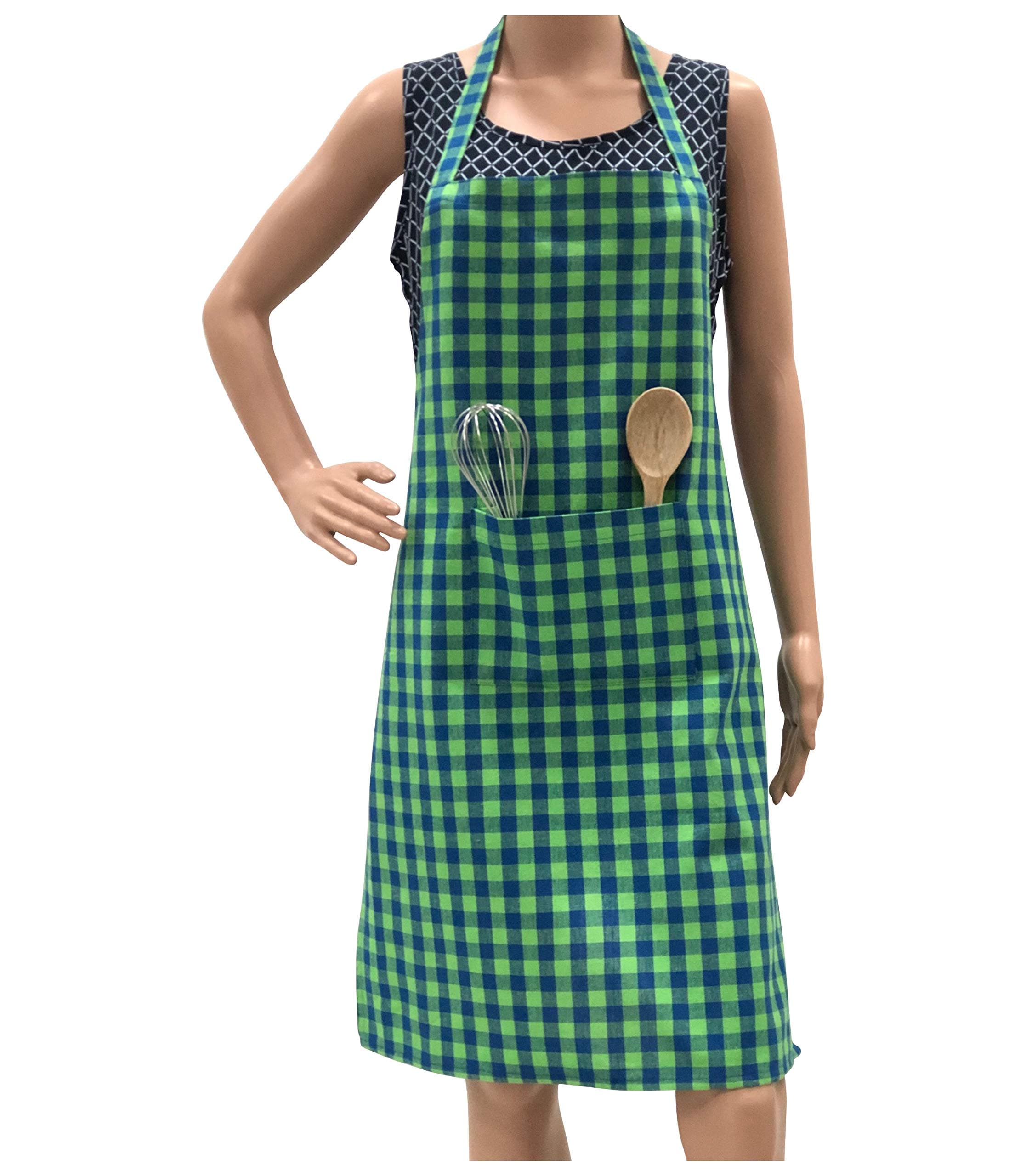 Pixel Home Cotton Apron 100% Cotton Check Kitchen Apron with Front Center Pocket Best Design Apron (Green Checked)