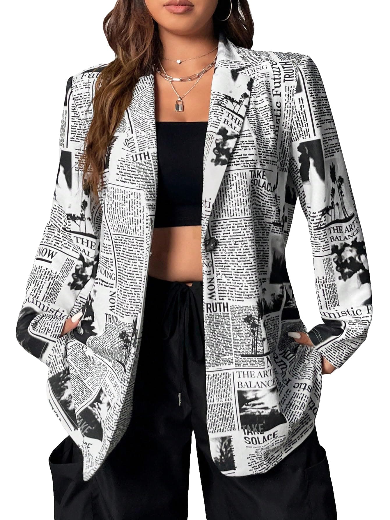 Women's Newspaper Print Single Button Blazer Lapel Collar Long Sleeve Work Office Jacket