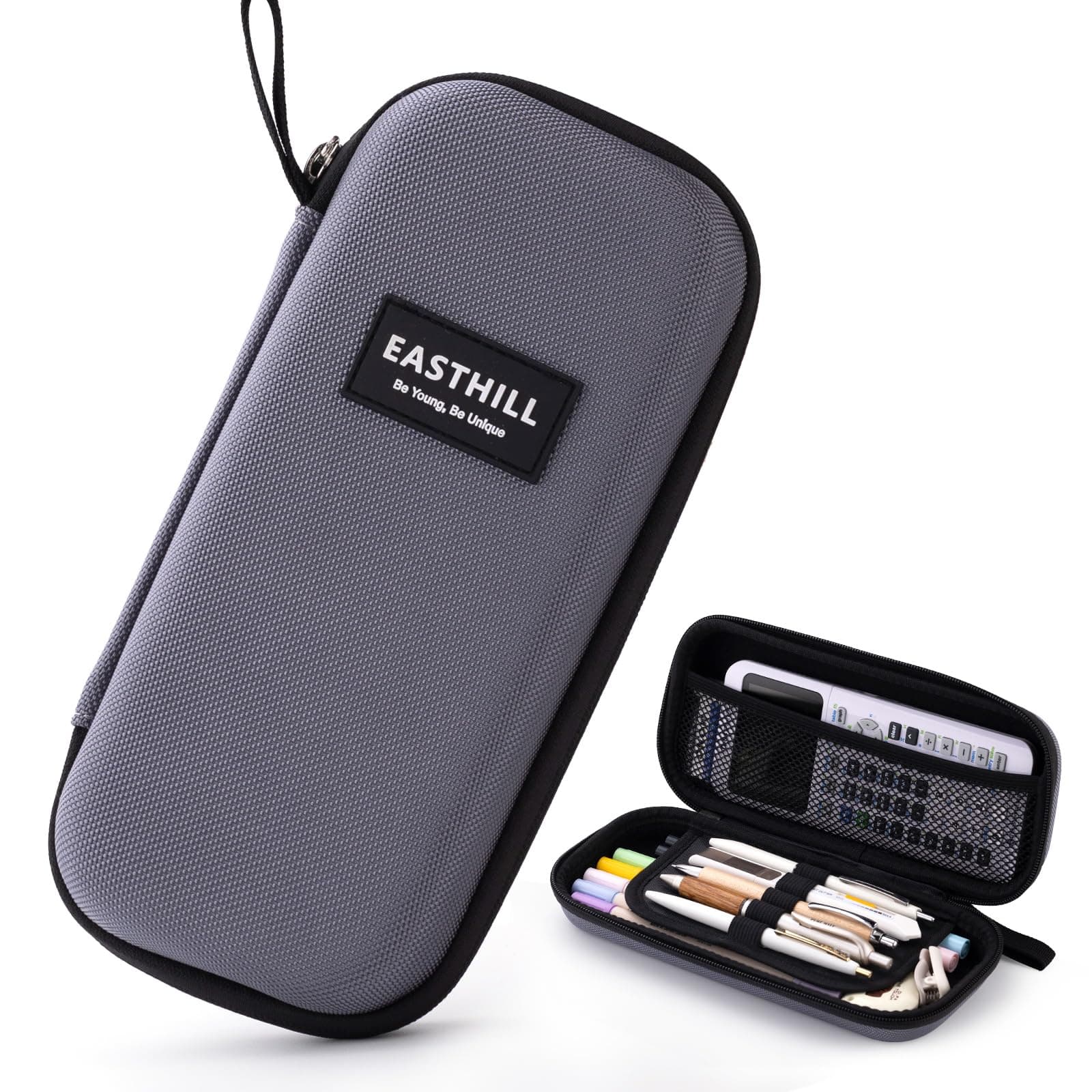EASTHILL Hard Large Capacity Pencil Case Box, Durable Pen Pouch Bag with Zipper Compartments for Office Organizer Adluts-Grey