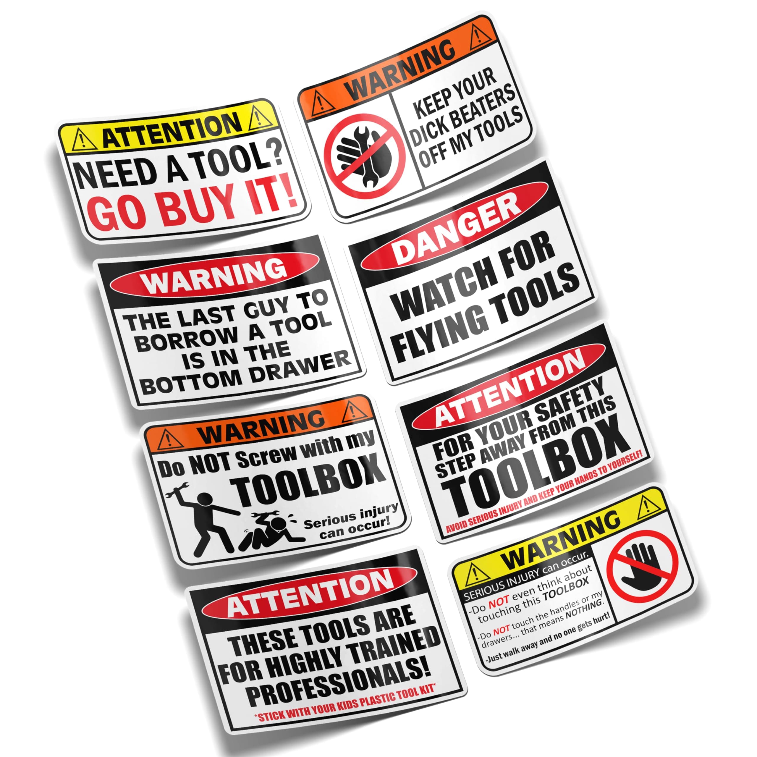 Toolbox Warning Funny Sticker Pack Set (8pcs) Vinyl Decal Racing Mechanic Worker