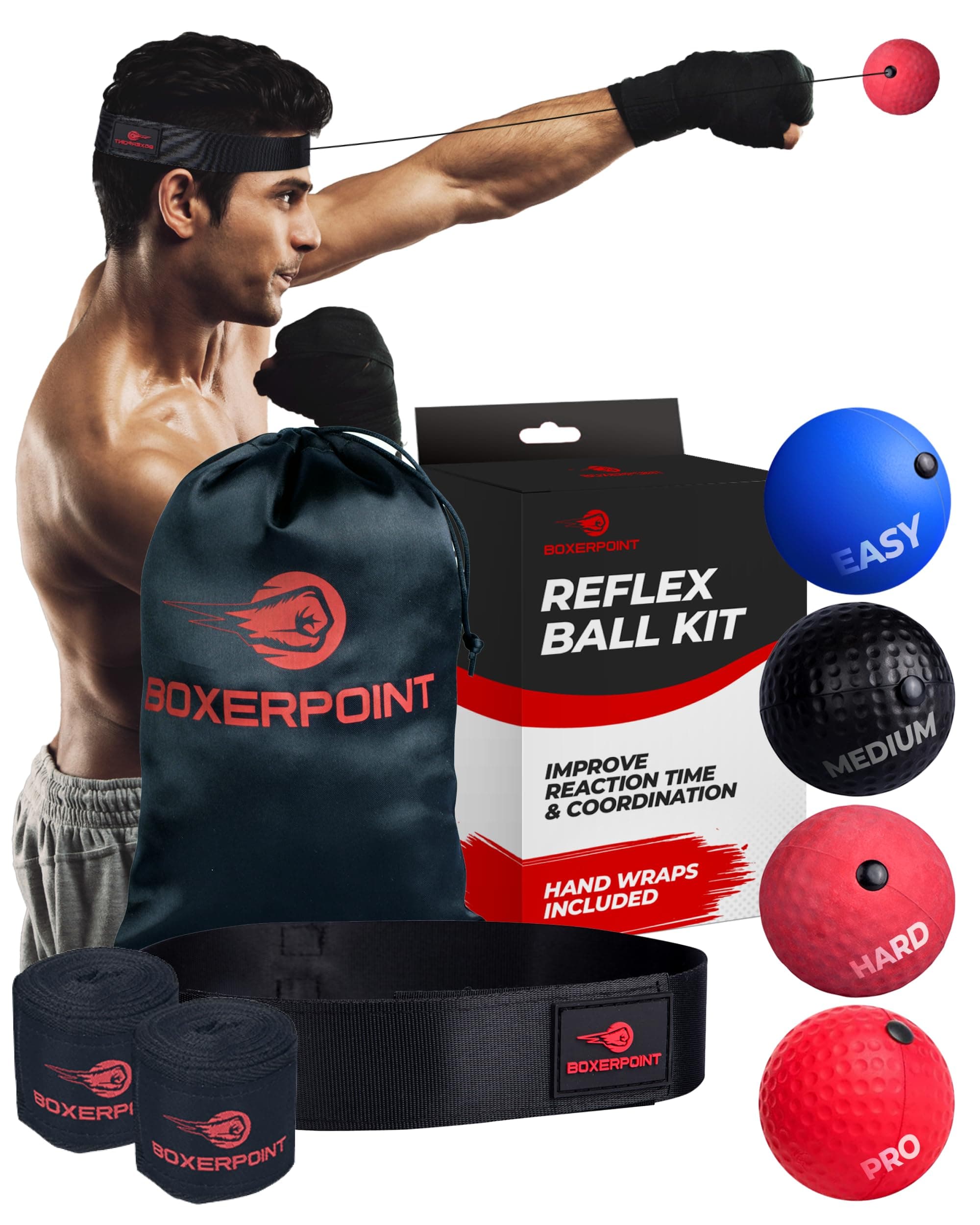 Boxing Reflex Ball for Adults and Kids - React Reflex Balls on String with Headband, Carry Bag and Hand Wraps - Improve Hand Eye Coordination, Punching Speed, Fight Reaction