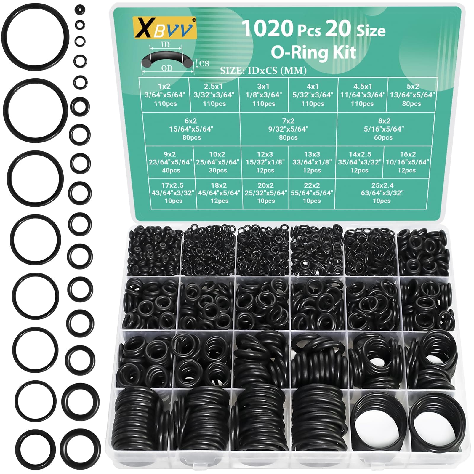 XBVV 1020 Pcs O Ring Kit 20 Size Nitrile Rubber O ring Assortment Set for Car Auto Vehicle Repair Tap Plumbing Air or Gas Sealing Connections Resist Oil and Heat