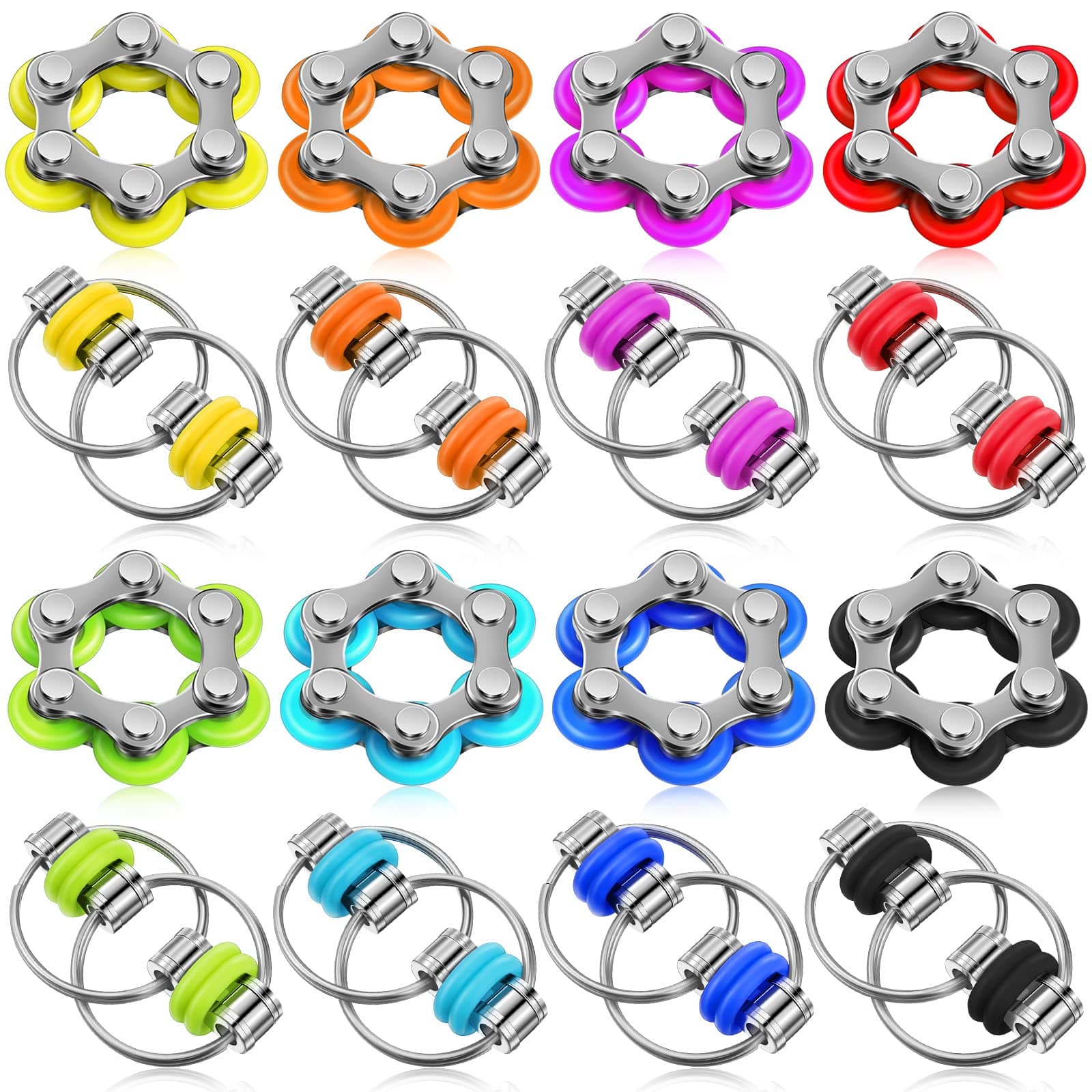 CHENGU 16 Pcs Fidget Toys Set Include 8 Six Roller Chain and 8 Key Flippy Chain Stress Reducer Anxiety Relief Bike Toys for Teens Adults ADHD, Add, Autism (Bright)