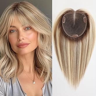 starluck 6x5 inch Large Swiss Base SilkHug 14 Inch Real Human Hair Toppers,60 Gram, 100% Real Human Hair Toppers for Women with thinning (Blonde Mixed Brown with Dark Brown Roots,with Bangs)