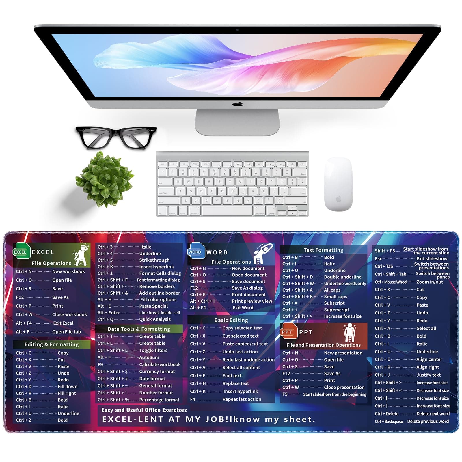 Excel Mouse Pad, Excel Mouse Pad Shortcuts Provide Quick Convenience for Office Workers, 35.4 x 15.7in Extra Large Mousepad Excel Mousepad for Office, School, Home and Games