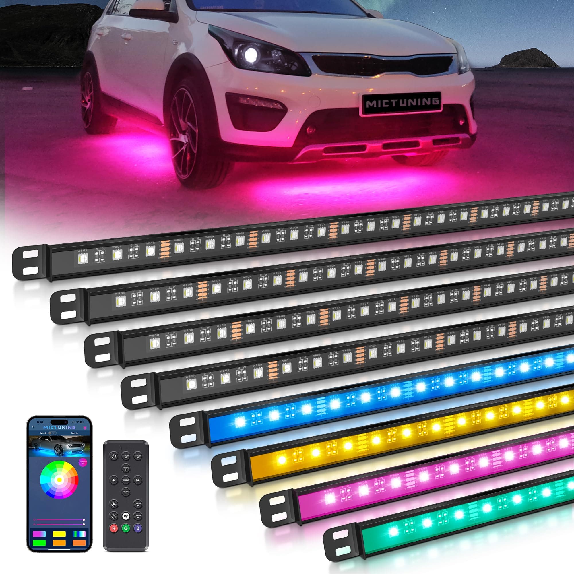 N8 RGBW Underglow Light Bars for SUVs, App/Remote Control, Aluminum Housing Waterproof, Exterior Neon Accent Underbody LED Light Strips, w/ 2pcs 9.8ft Extension Cords, 8PCS
