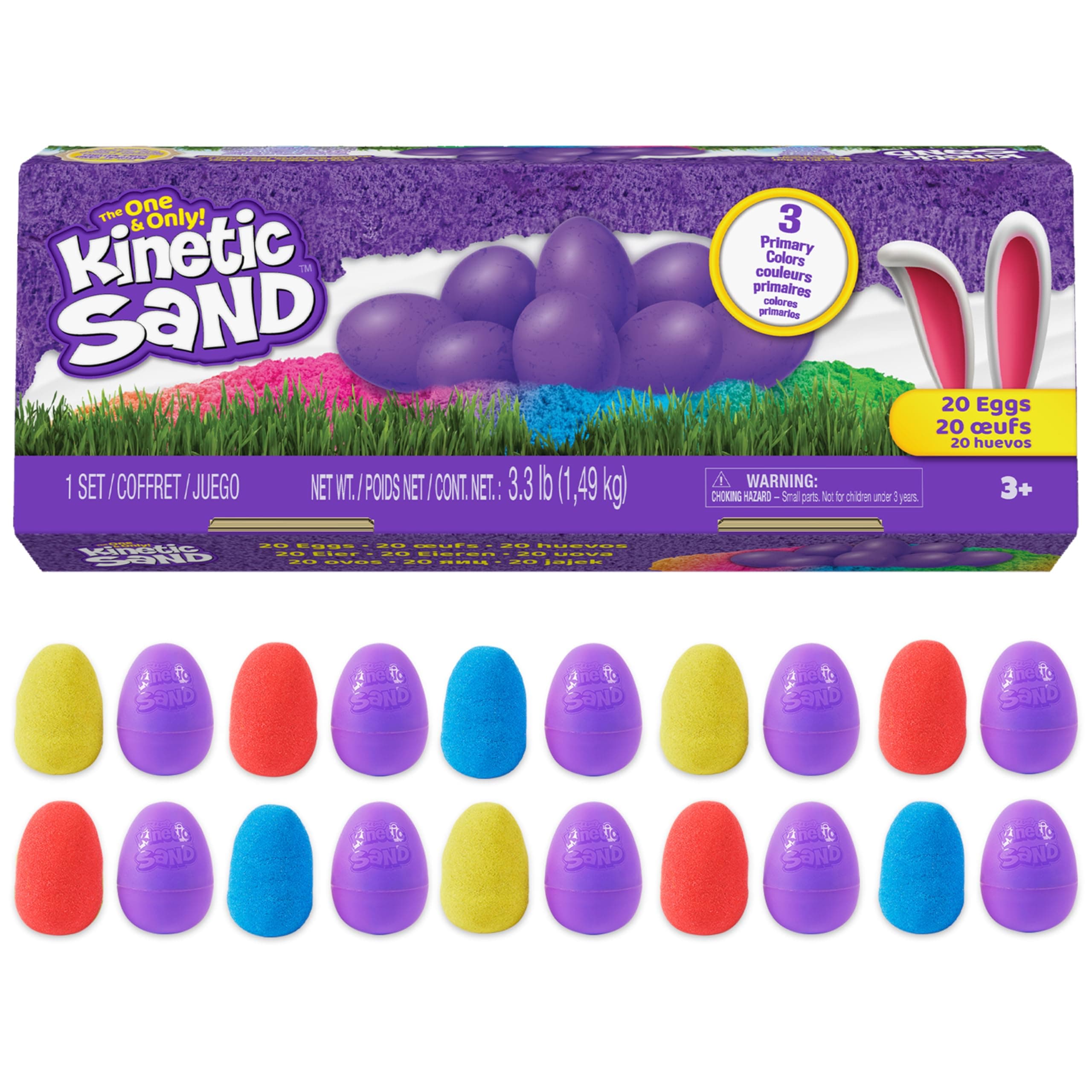 20-Pack Eggs with 3.3lbs Red, Yellow & Blue Play Sand for Egg Hunts, Party Favors & Goodie Bags, Sensory Toys for Kids Ages 3 and up