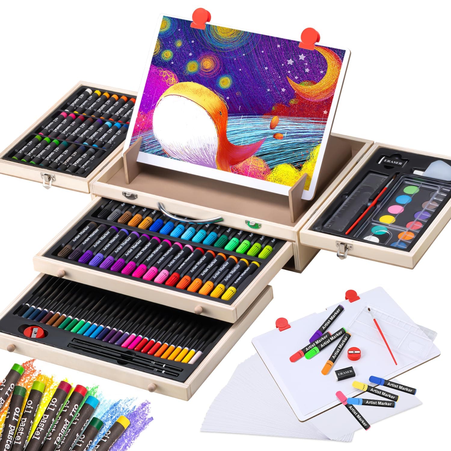 Art Supplies, Wooden Art Set Crafts Kit with Drawing Easel, Deluxe Kids Art Set, Oil Pastels, Colored Pencils, Watercolor Cakes, Creative Gift for Kids, Teens, Beginners Girls Boys