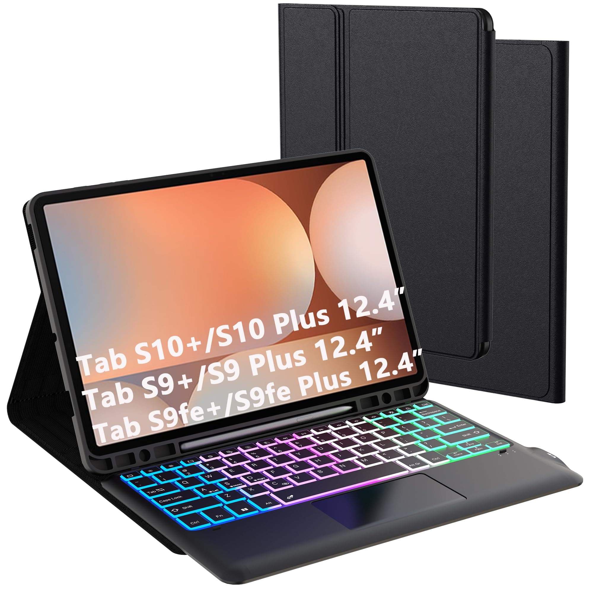 Keyboard Case for Samsung Galaxy Tab S9 FE+/S9+/S10+ 12.4 Inch - 3 Zone 7 Colors Backlit Keyboard for Galaxy Tab S10 Plus/S9 FE Plus 12.4 inch, Detachable Case for