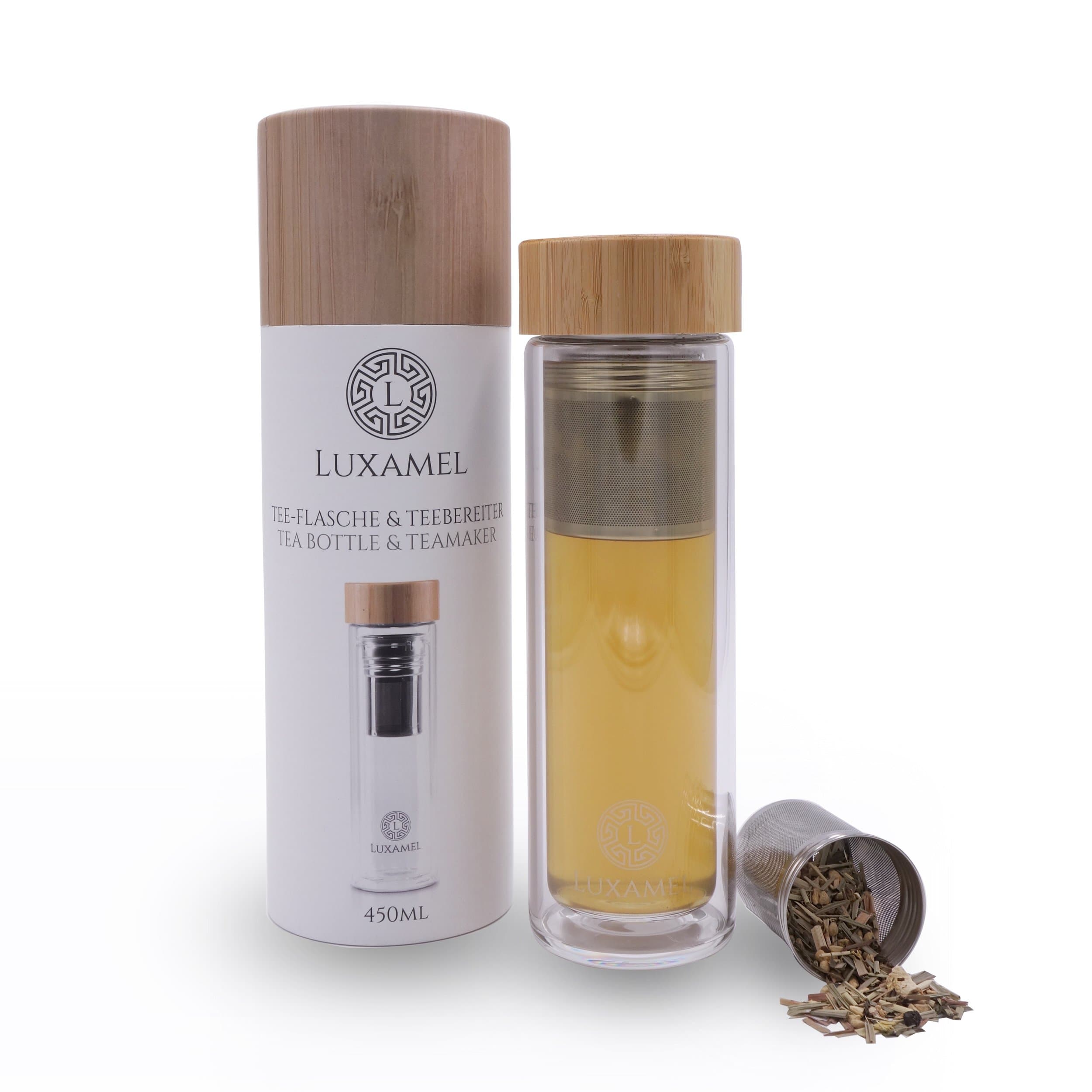 Tea Maker with Exclusive Gift Box GesTea-Glass Double-Walled with Strainer Bamboo lid Bpa-Free by Luxamel (450 ml)