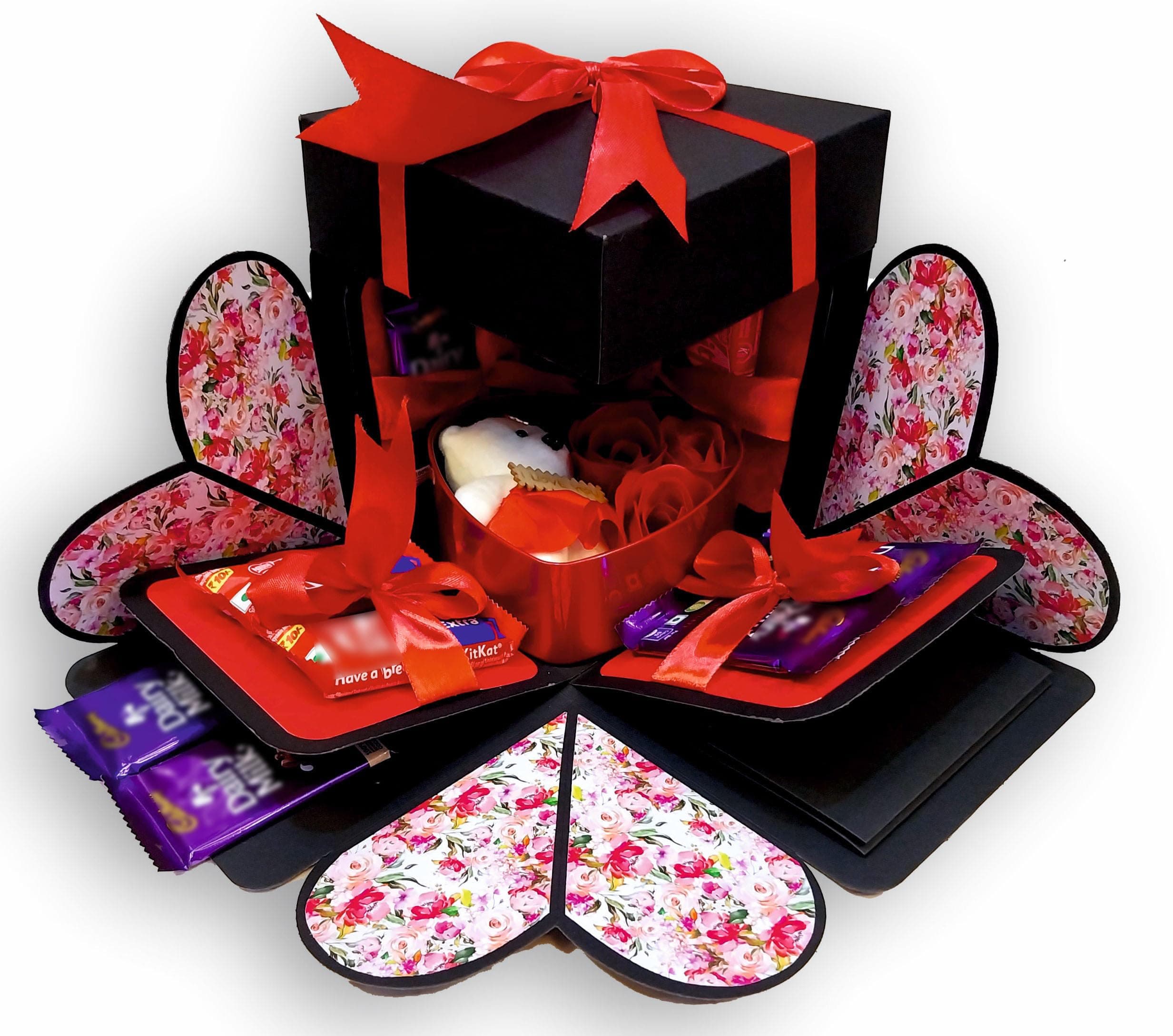 US IDEAL CRAFT Explosive Gift Box, Birthday Gift, Wedding Gift, Valentine Love Gift For Your Wife/Husband, Fiance, Boyfriend With 12 Chocolate Each (1 Tin Box Includes Teddy & Roses), Pack of 1