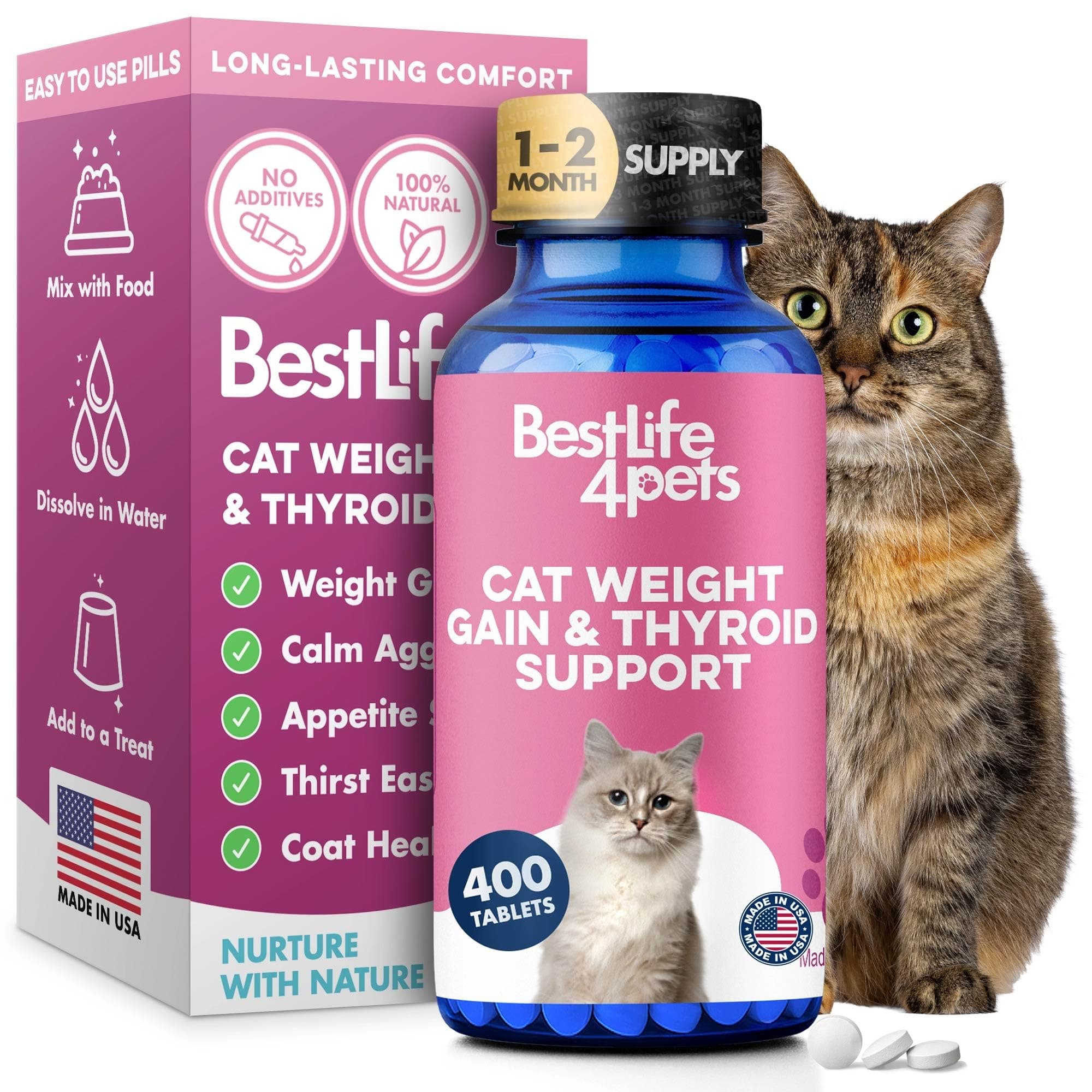 Cat Weight Gainer & Thyroid Support – Natural Appetite Stimulant for Cats, Underweight Kittens or Senior Cats Showing Restlessness and Poor Coat – 400 Odorless Pills Help Improve Daily Eating