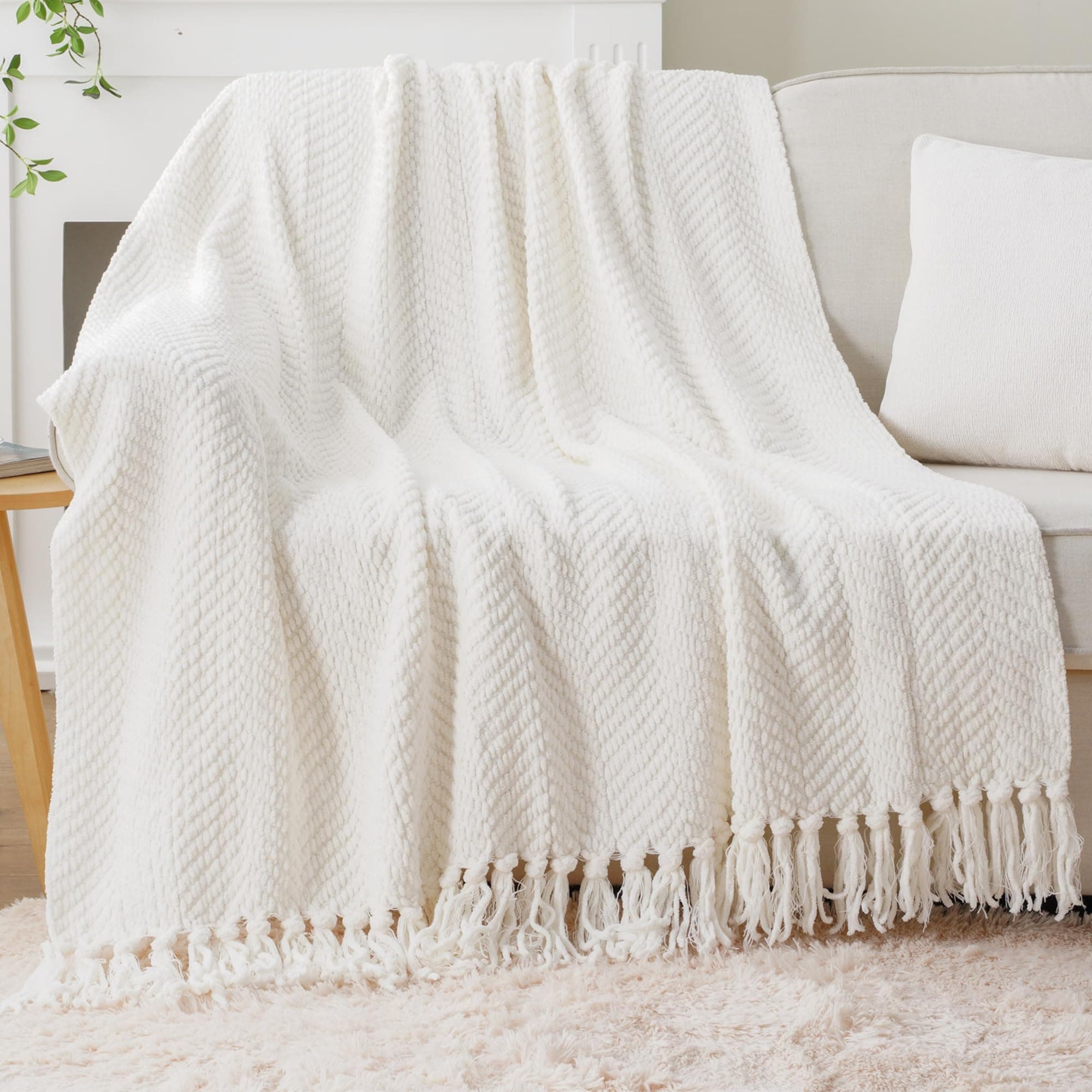 Cream White Throw Blanket for Couch, Ivory Throw Blanket for Bed, Warm Decorative White Blanket Throw for Home Decor, 50" x 60"