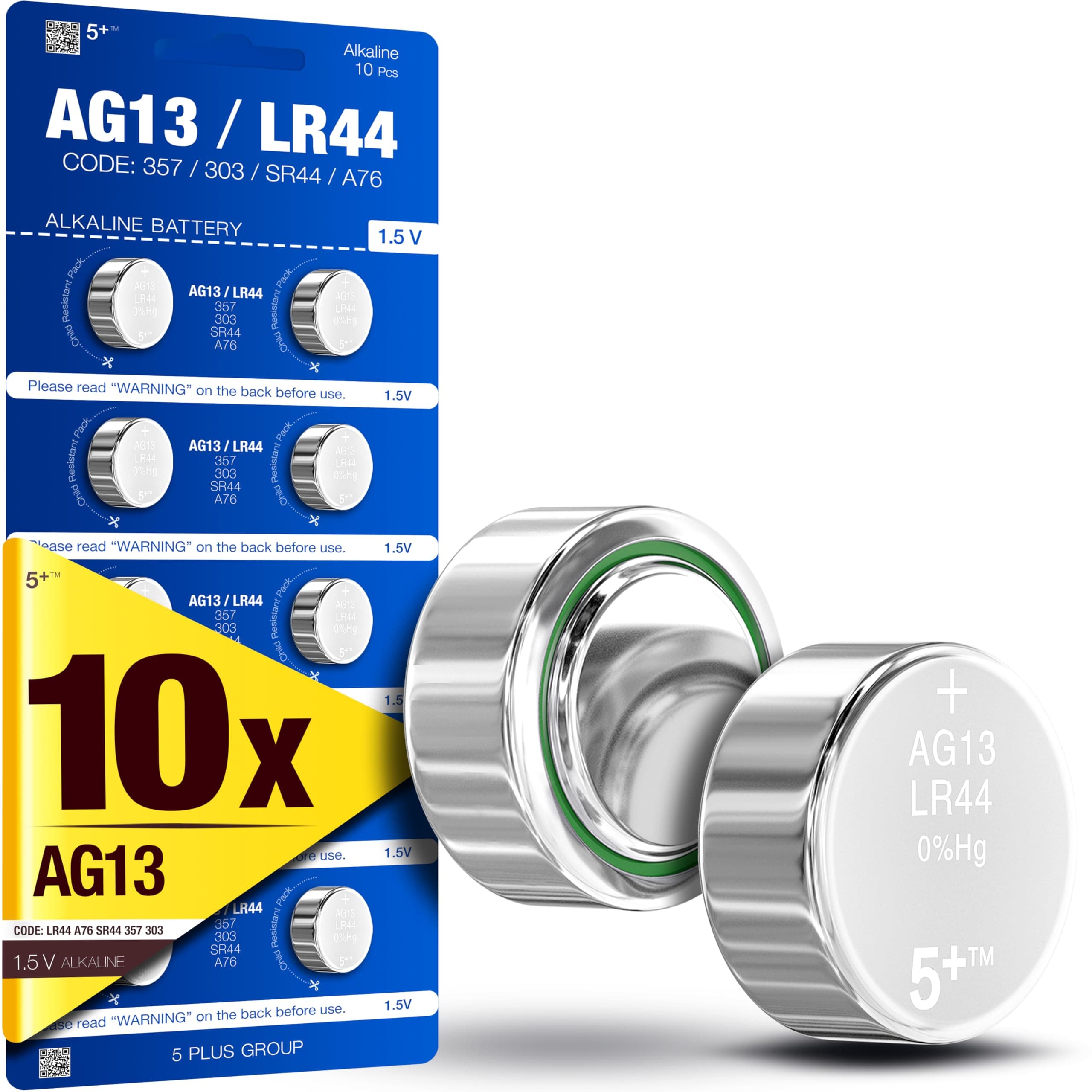5Plus 10-Pack LR44 AG13 357 303 SR44 A76 675 392 394 384 376 1.5V Alkaline Button Cell Batteries – Ideal for Watches, Hearing Aids, Glucometers, Key Fobs, Car Keys, and Small Electronics