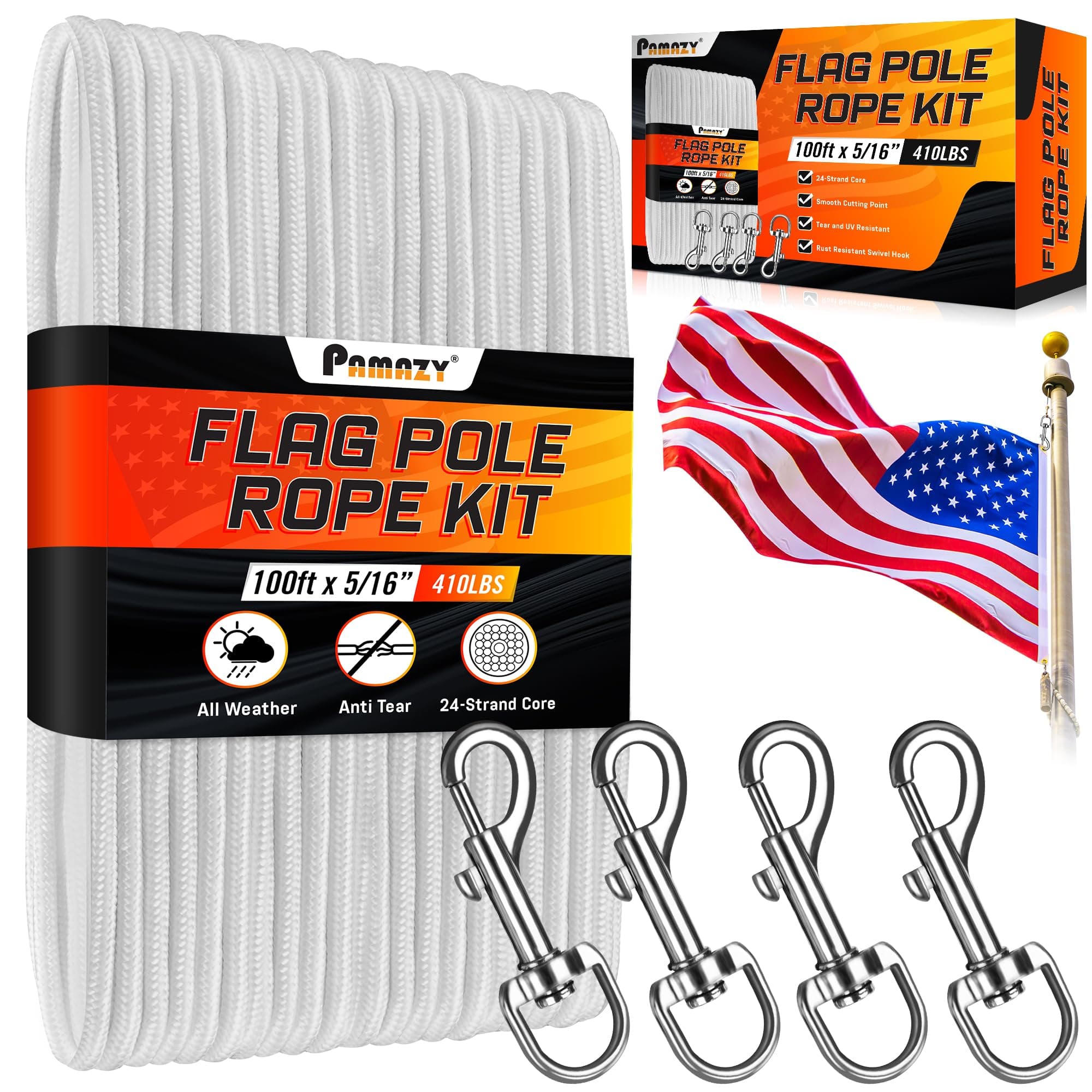 [Upgraded] 5/16” 100Ft Flagpole Rope Kit with 4 Pcs 3.3” Swivel Snap Hook - High Weight Bearing Anti-Tearing Utility Rope with Durable ZinC Alloy Swivel Hooks - Flag Pole Accessories Replacement Kit
