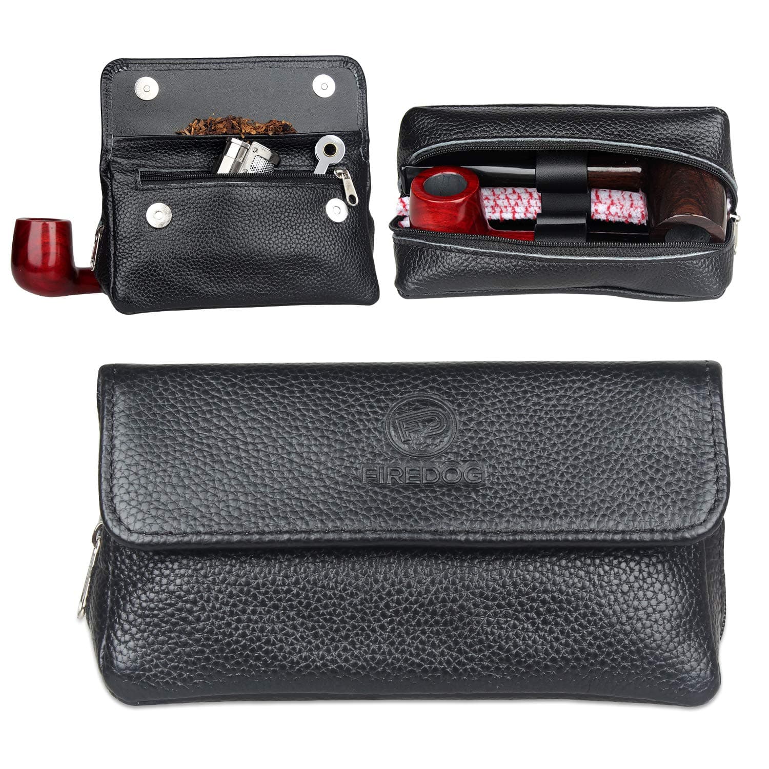 FIREDOG Leather Smoking Pipe Bag Pouch Case for 2 Pipes (Black)