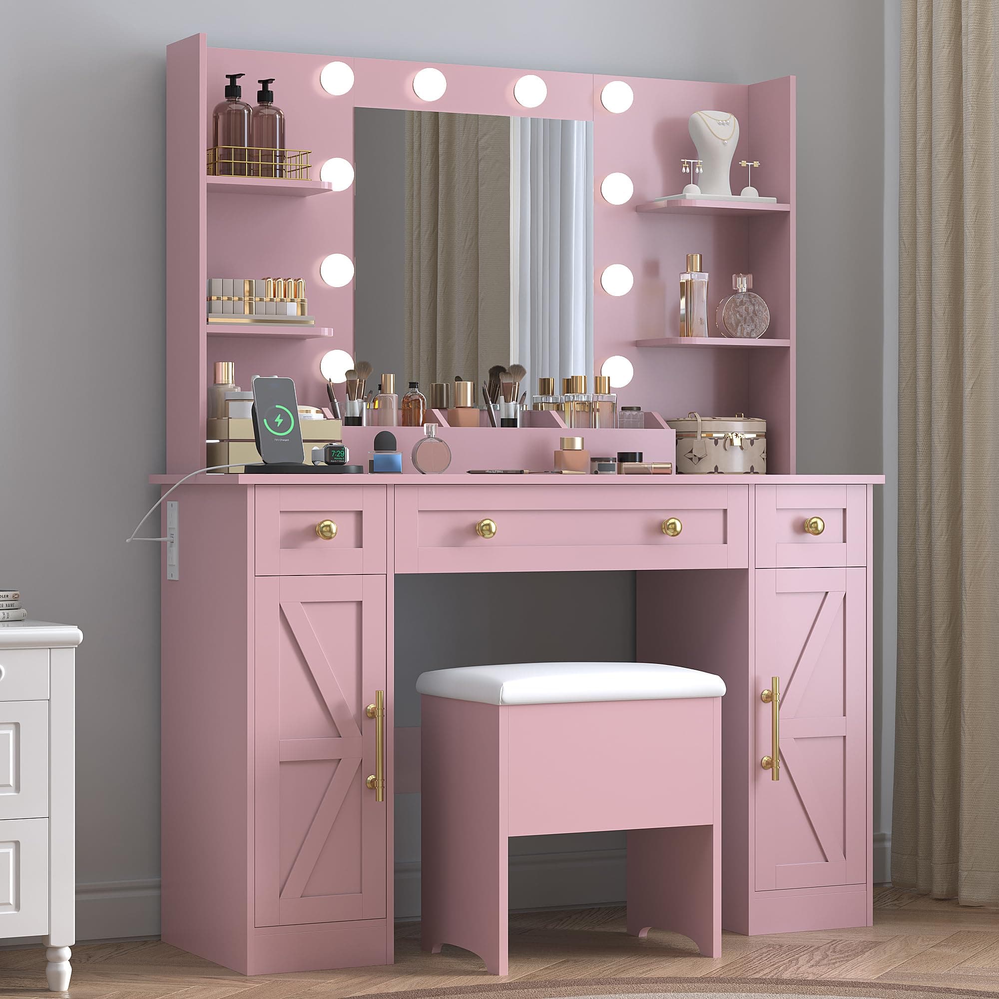 Vanity Desk with Mirror & Lights, Makeup Vanity Table with Charging Station, 3 Lighting Modes, Large Storage Space with Drawers and Shelves, Elegant White Vanity Set for Bedroom Dressing Room