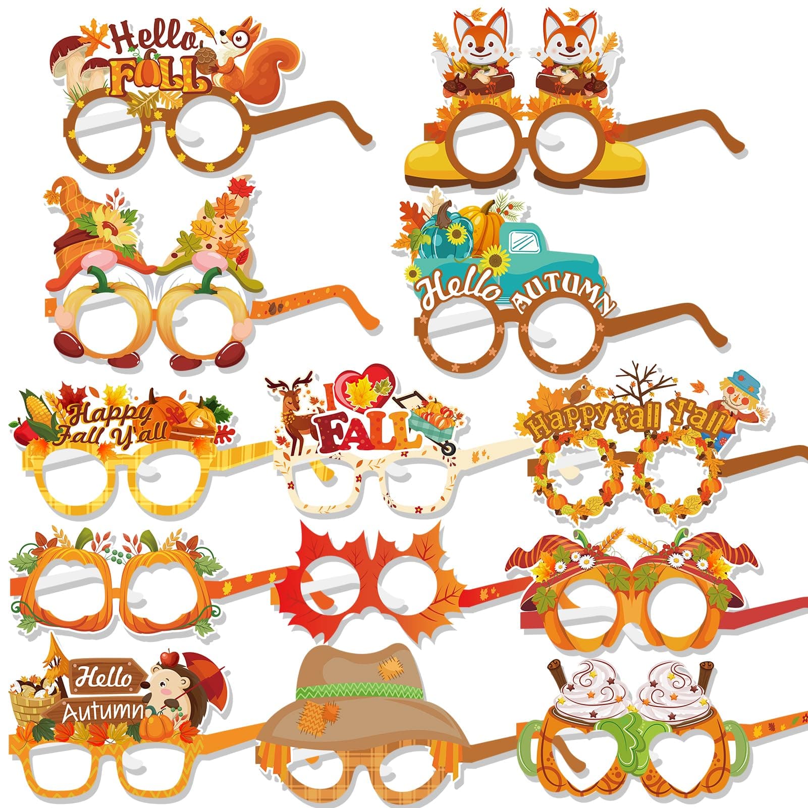 HOWAFHappy Fall Paper Frames Glasses and Masks, 26pcs Hello Fall Autumn Themed Pumpkin Maple Leaves Photo Props for Harvest Thanksgiving Party Favo