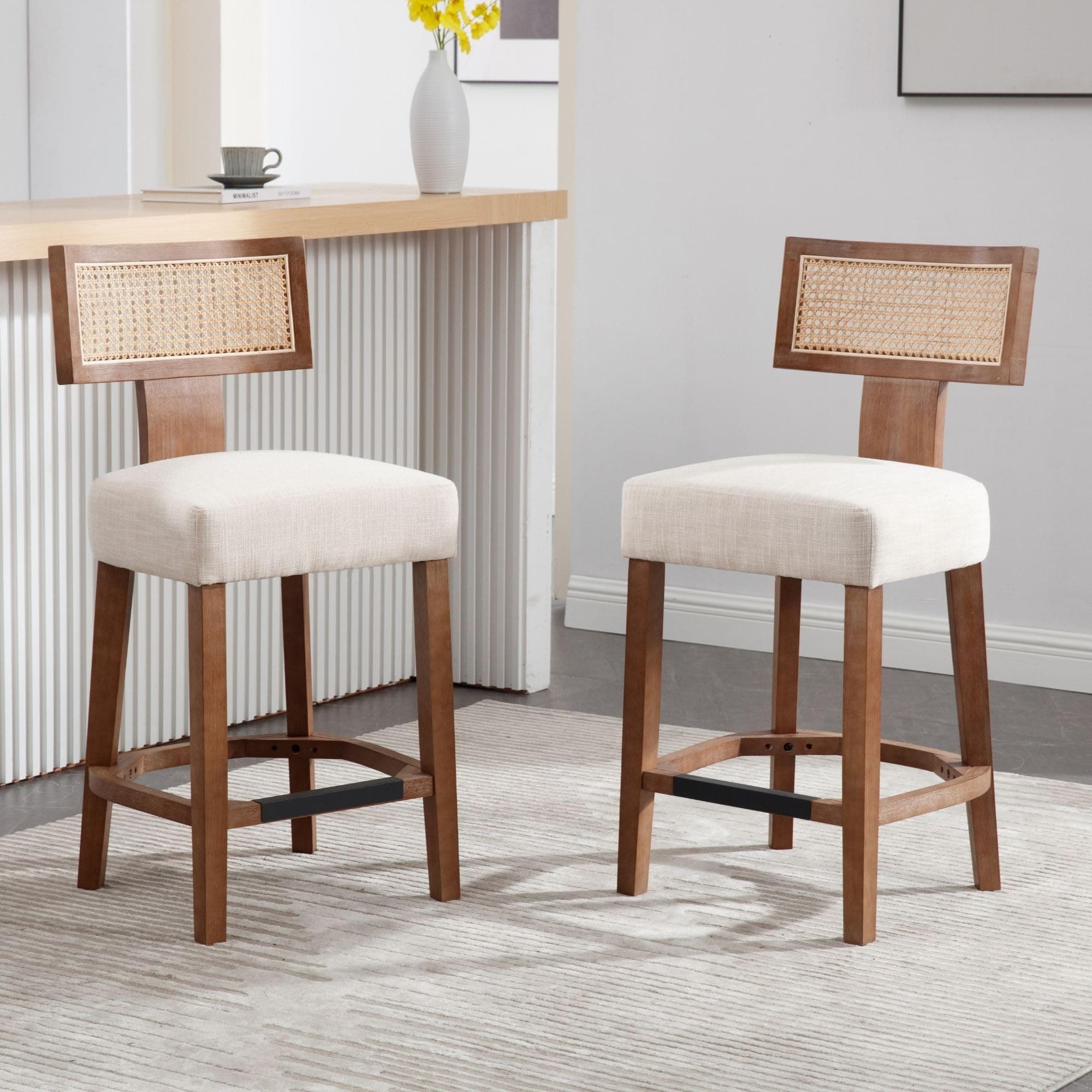 26’’ Rattan Barstools with Back Counter Height Bar Stool Set of 2, Beige Linen Modern Kitchen Counter Stool Upholstered Farmhouse Wicker Bar Stool, Woven Boho Bar Stool Chairs with Natural Wood Frame