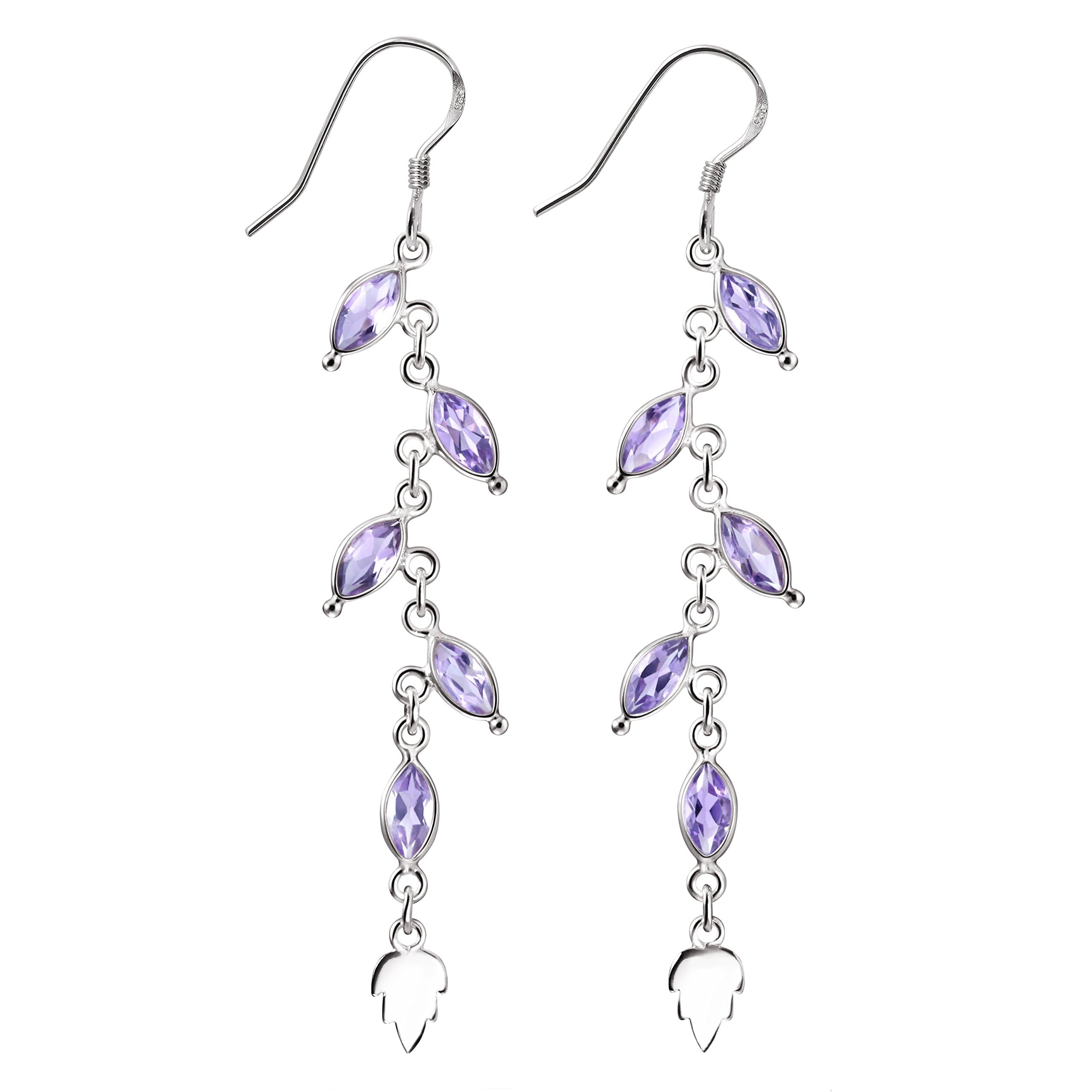 Franki Baker Drop Leaf Amethyst & 925 Sterling Silver Chain Dangle Drop Earrings