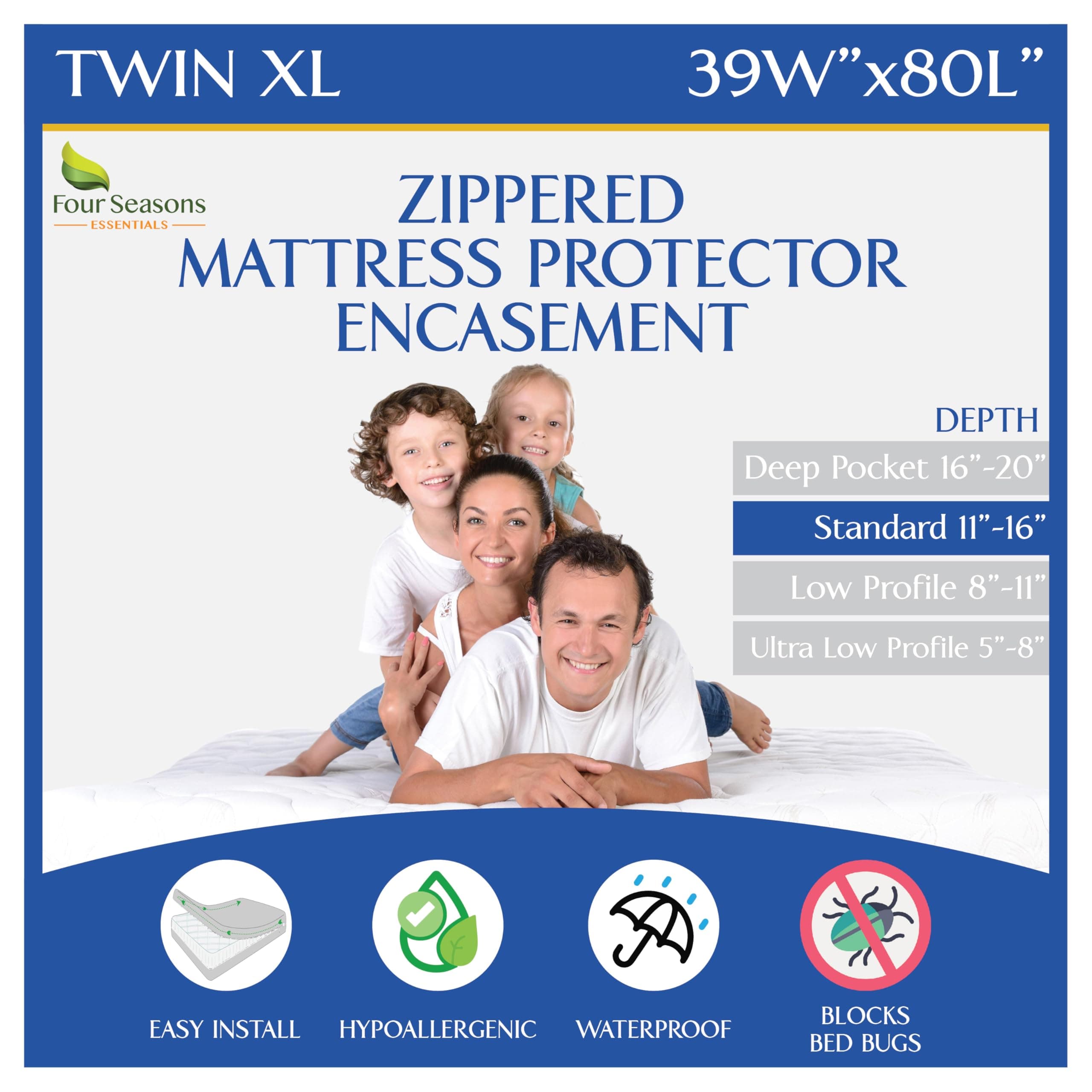 Twin Extra Long (XL) Mattress Protector Zippered Bed Bug Waterproof Encasement Hypoallergenic Premium Quality Cover Protects Against Dust Allergies White