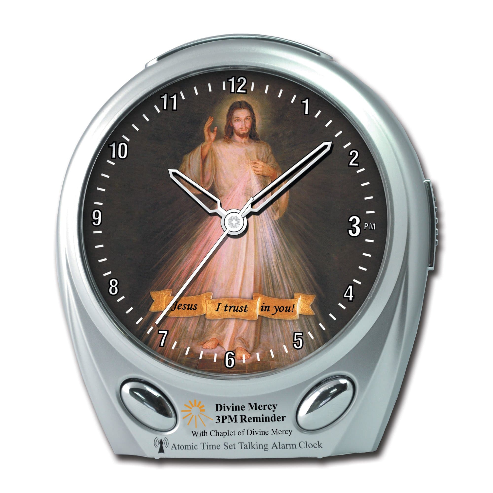 Maximal Power ElecTalkClock 3PM Divine Mercy Musical Reminder Atomic Talking Alarm Clock with Atomic Clock Features (Silver)