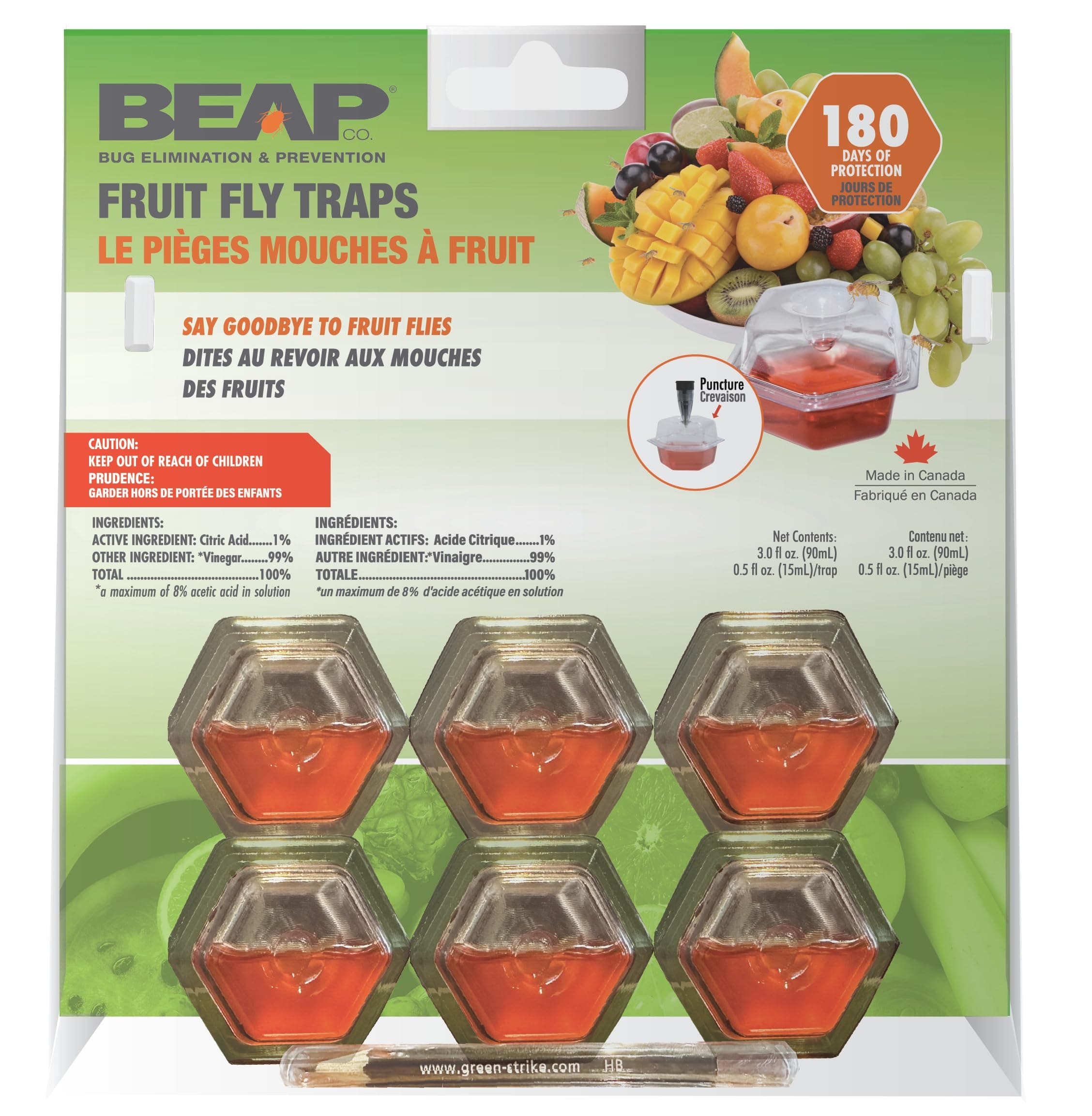 BEAPCO 10036 Red 6-Pack Premium Fruit Fly 6 Pre-Filled Trap Flies Indoors | Easy Effective and Safe to Use | Food-Based Lure/Bait Catcher, clear, 20 in, Fruit Fly Trap