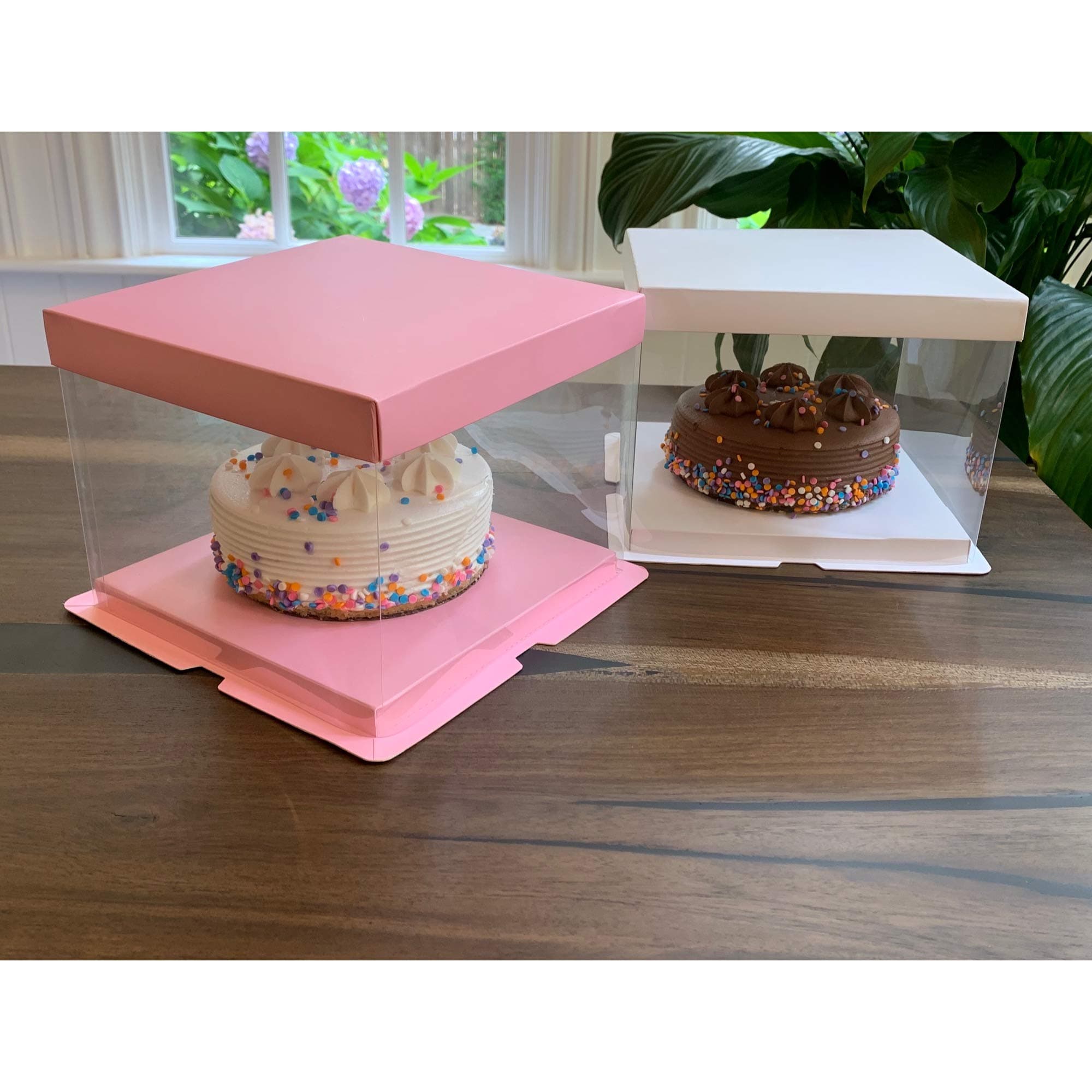 Clear Cake Box carrier Packing - Cake Boxes - Transparent Gift Box with lid (2 Box Pack) (8.3x 8.3x 6.3, Pink)