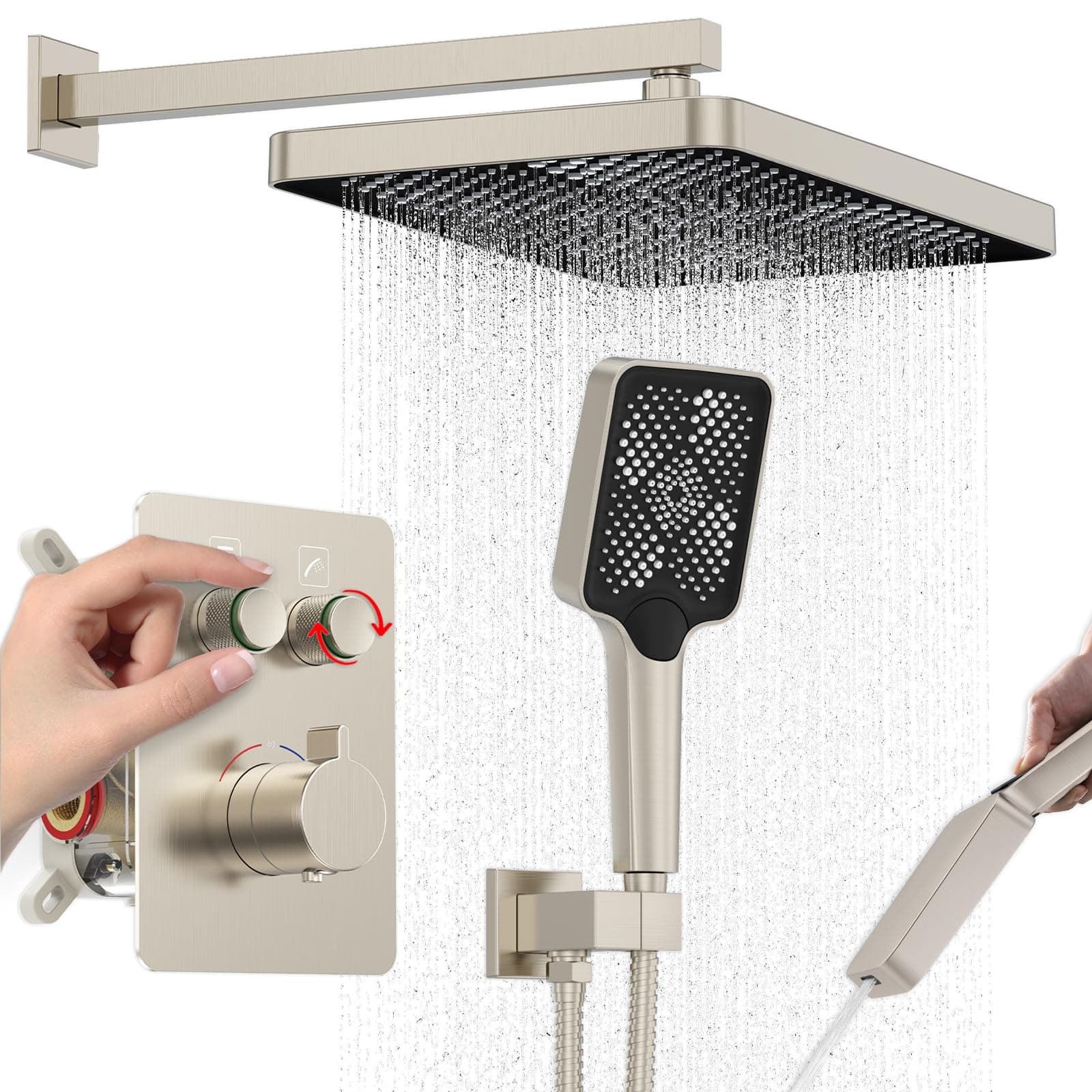 Iriber Thermostatic Shower System Wall Mount with Adjustable Water Flow Push Button Diverter,13 Inch Nickel Rectangle Rainfall Shower Head and Handheld,Brushed Nickel