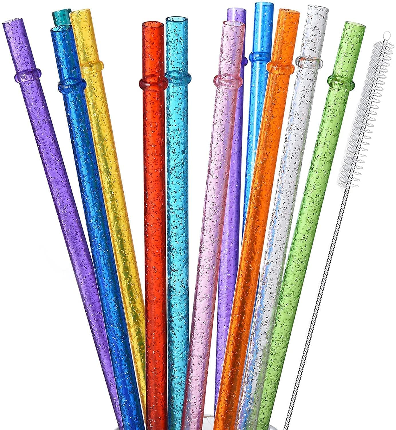 ALINK 12-Pack Glitter Reusable Thick Plastic Straws, 11" Long Hard Tumbler Drinking Straws with Cleaning Brush