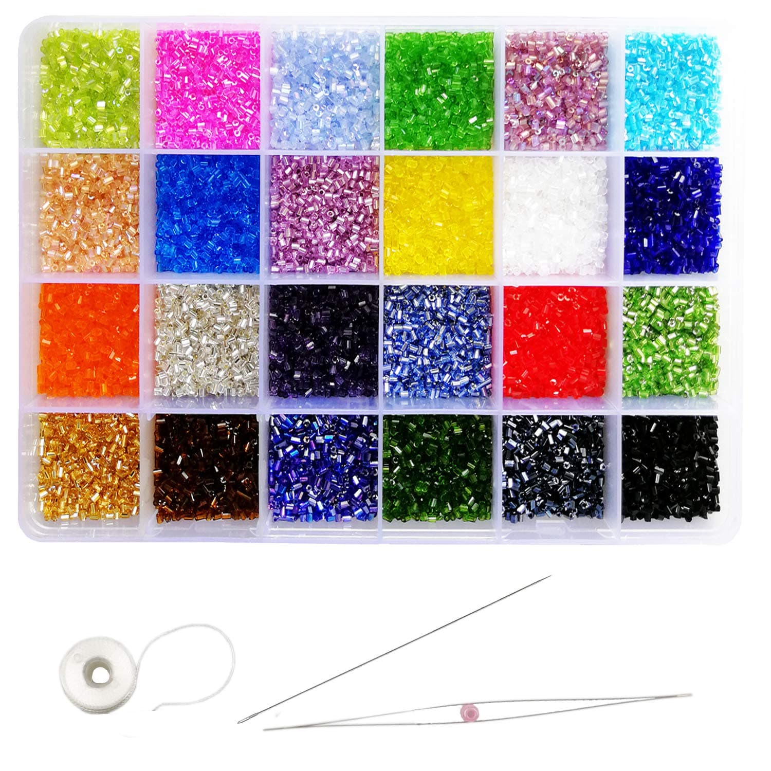 Size 11/0 Crafts Glass Bugle Beads 2.2x2mm Bugle Beads Beading Needles with Organizer Box for Jewelry Making (24 Assorted Multicolor Set, Total About 21600pcs)