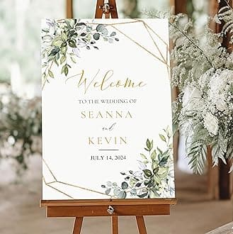 VIRAGIL Wedding Welcome Sign, 18 x 12 inches, Personalized Wedding Signage, Plastic, Gold Geometric Design, Indoor/Outdoor, Made in US