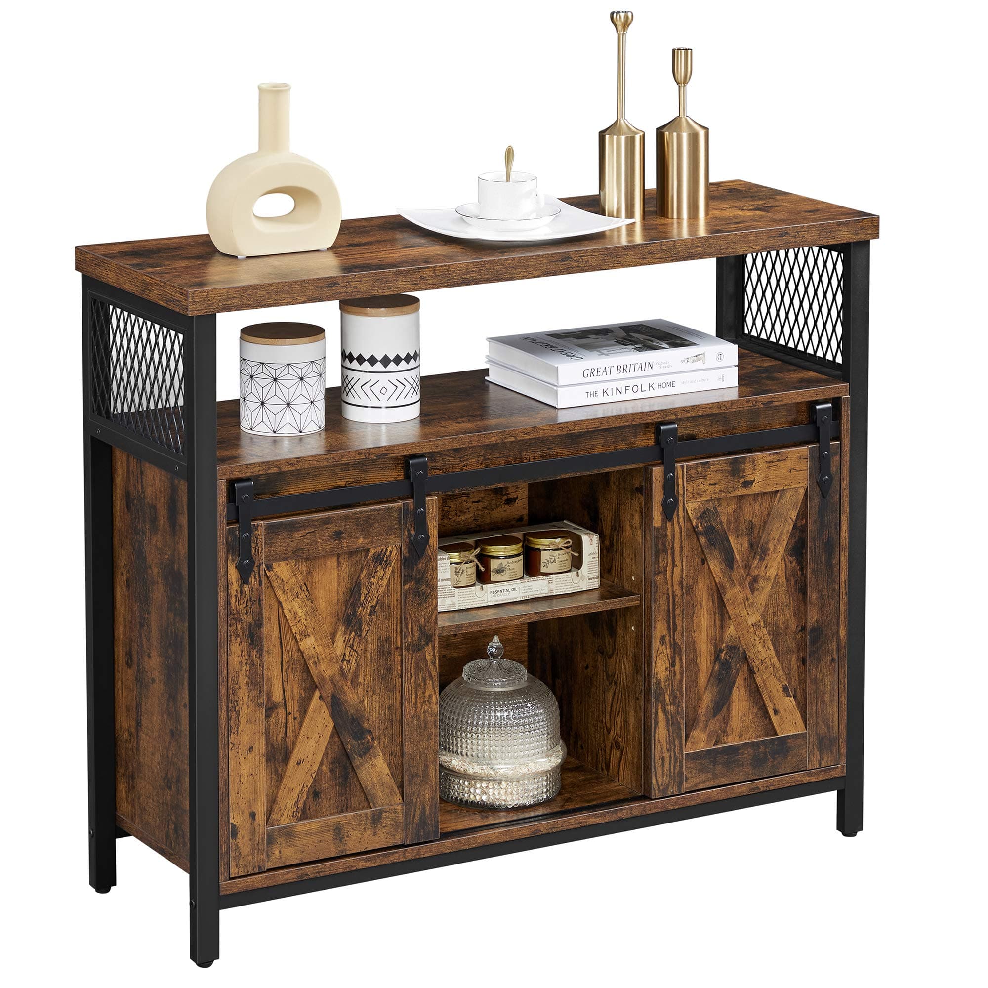 VASAGLE Dining Sideboard, Kitchen Cupboard, Storage Cabinet, Buffet Table with Sliding Barn Doors, Adjustable Shelf, Industrial, for Living Room, Rustic Brown and Black LSC092B01