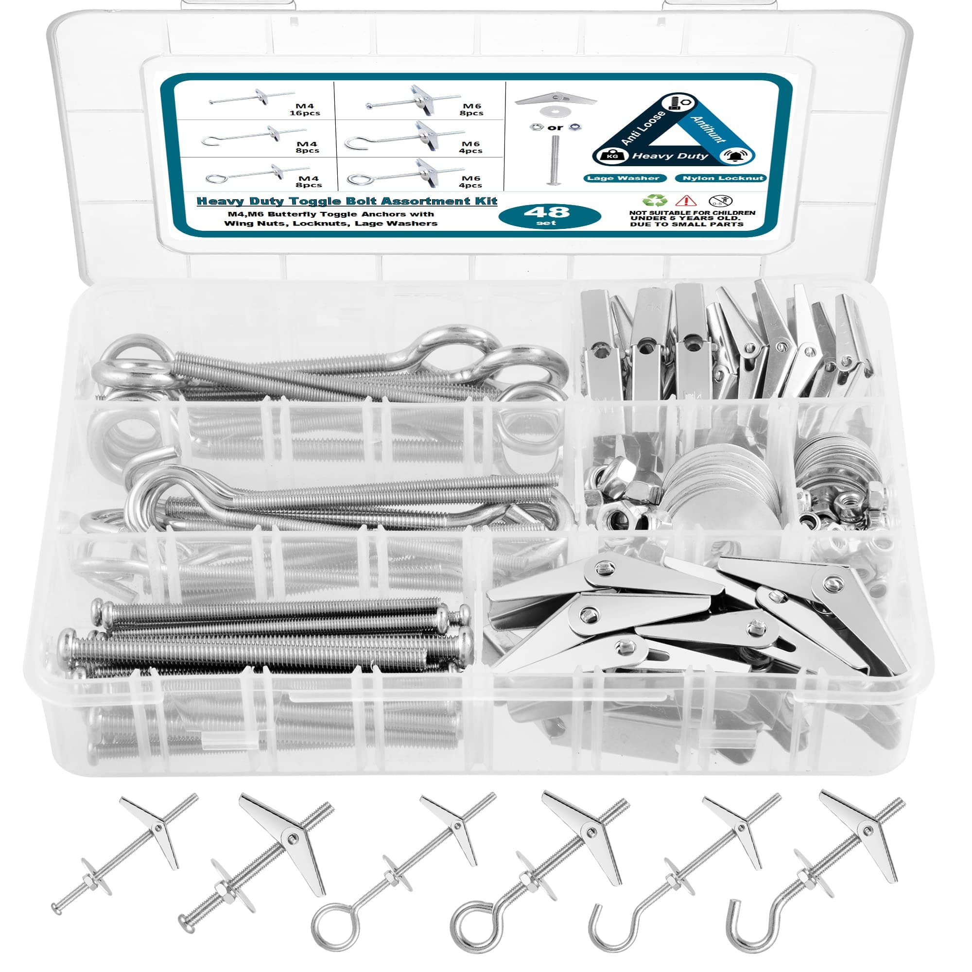 SATANTECH 48Pcs Toggle Bolts for Drywall,Toggle Anchors Assortment Kit-M4 M6 Toggle Bolt & Eye Bolt &Ceiling Hooks for Hanging Plants Heavy Duty,Butterfly Anchors for Drywall,Zinc Plated