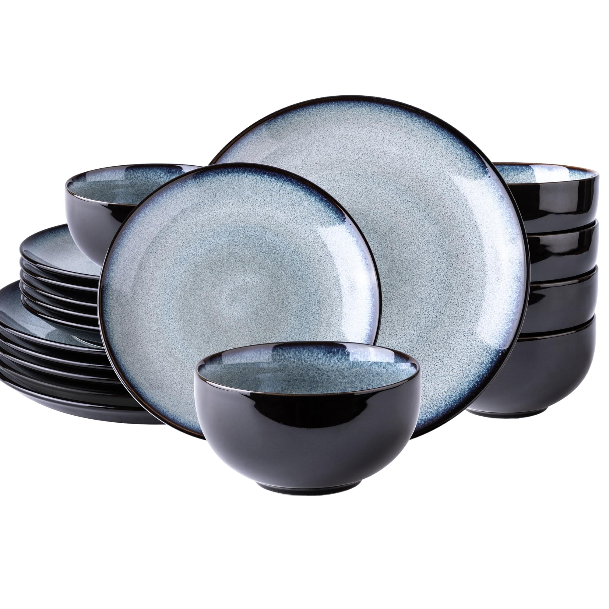 LeRatio Ceramic Dinnerware Sets for 6,Stoneware Plates and Bowls Sets,Handmade Reactive Glaze Dishes Set,Chip Resistant and Scratch Resistant | Oven&Dishwasher & Microwave Safe-Gray White(18PCS)