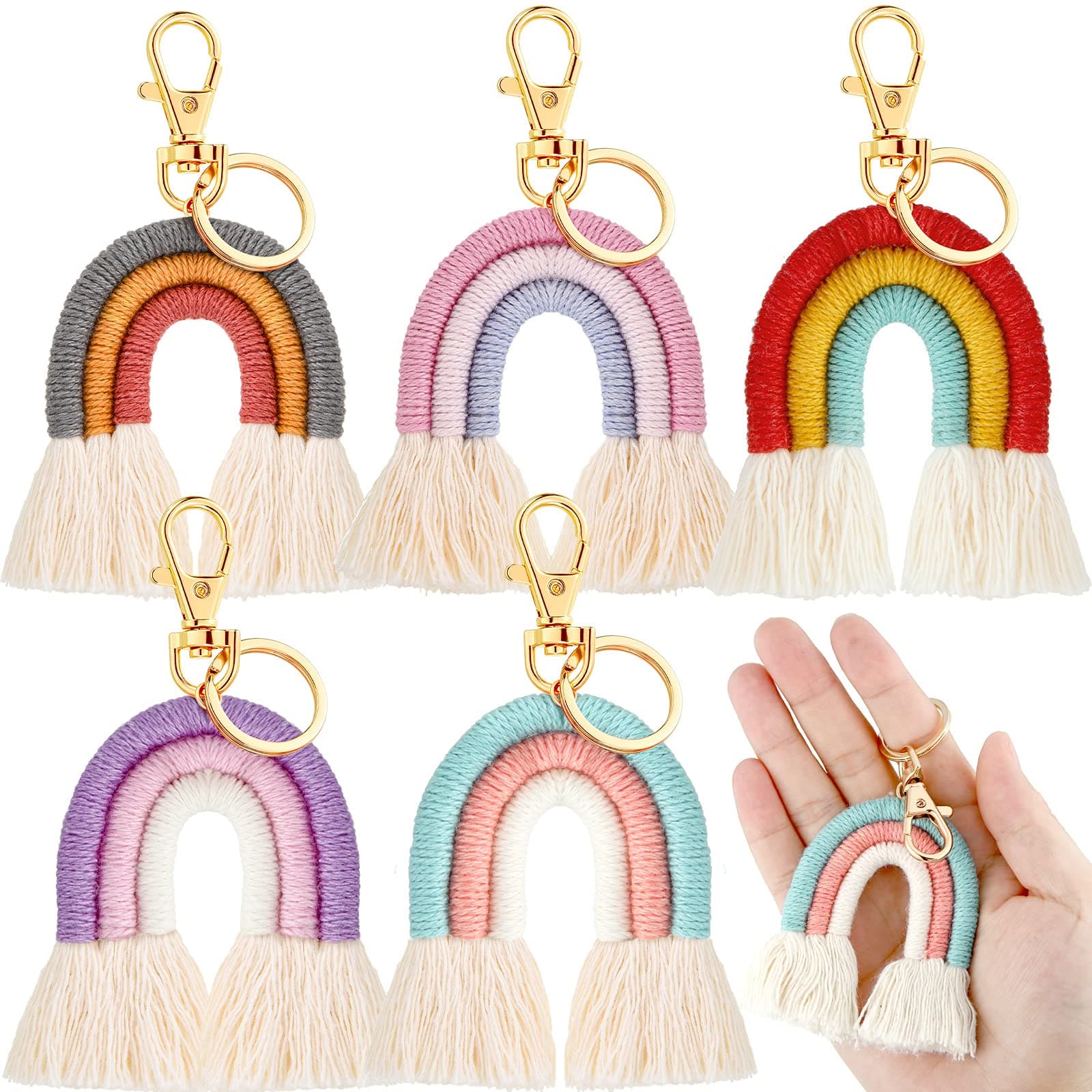 Jadive 5 Pieces Rainbow Macrame Keychain Weaving Rainbow Tassel Keychains Car Keyring Holder Jewelry for Women