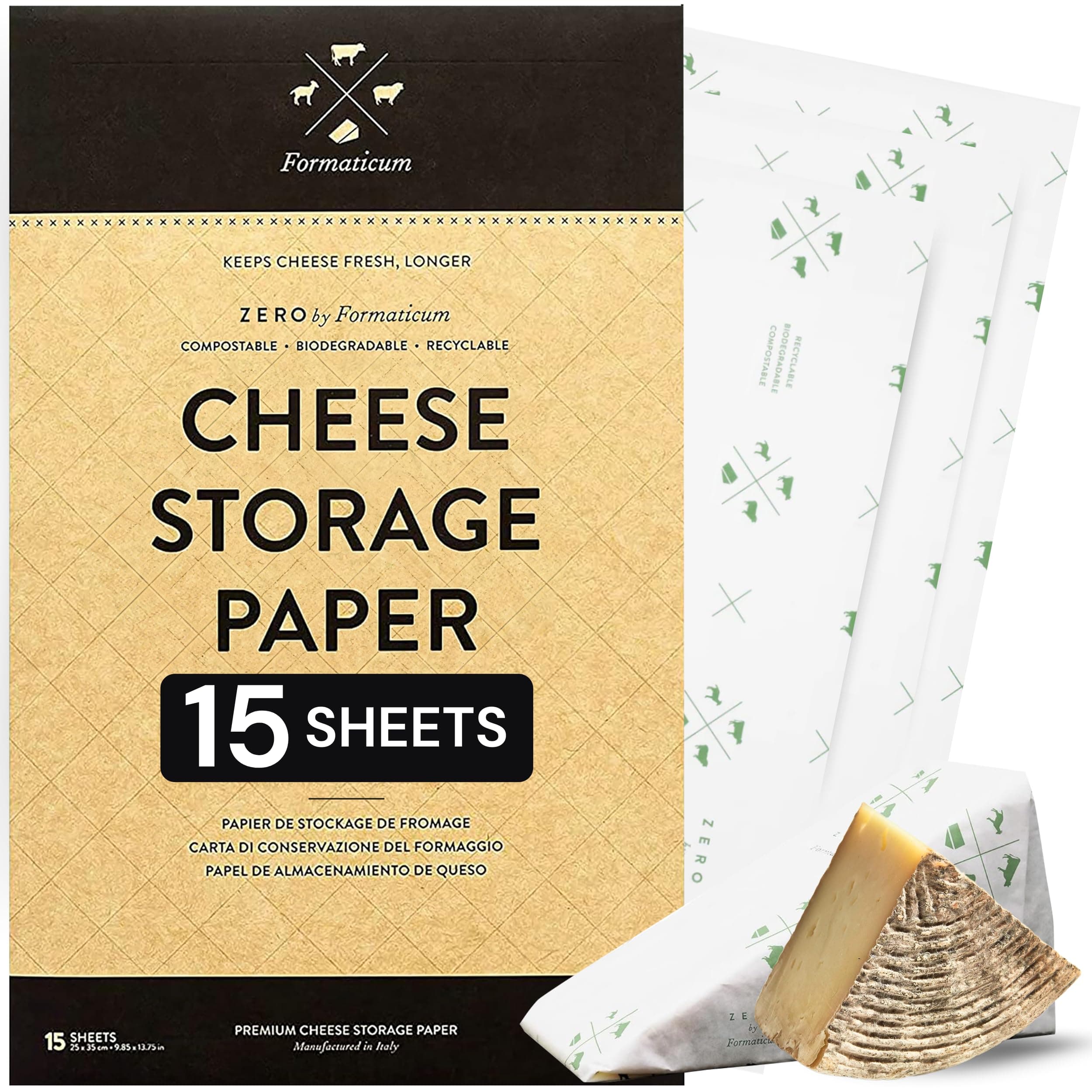 Formaticum 15-Pack Zero Cheese Storage Paper, Compostable, Biodegradable, and Plastic-Free Paper to Keep Cheese and Charcuterie Fresh, Kitchen Organization 9 x 13 Inches
