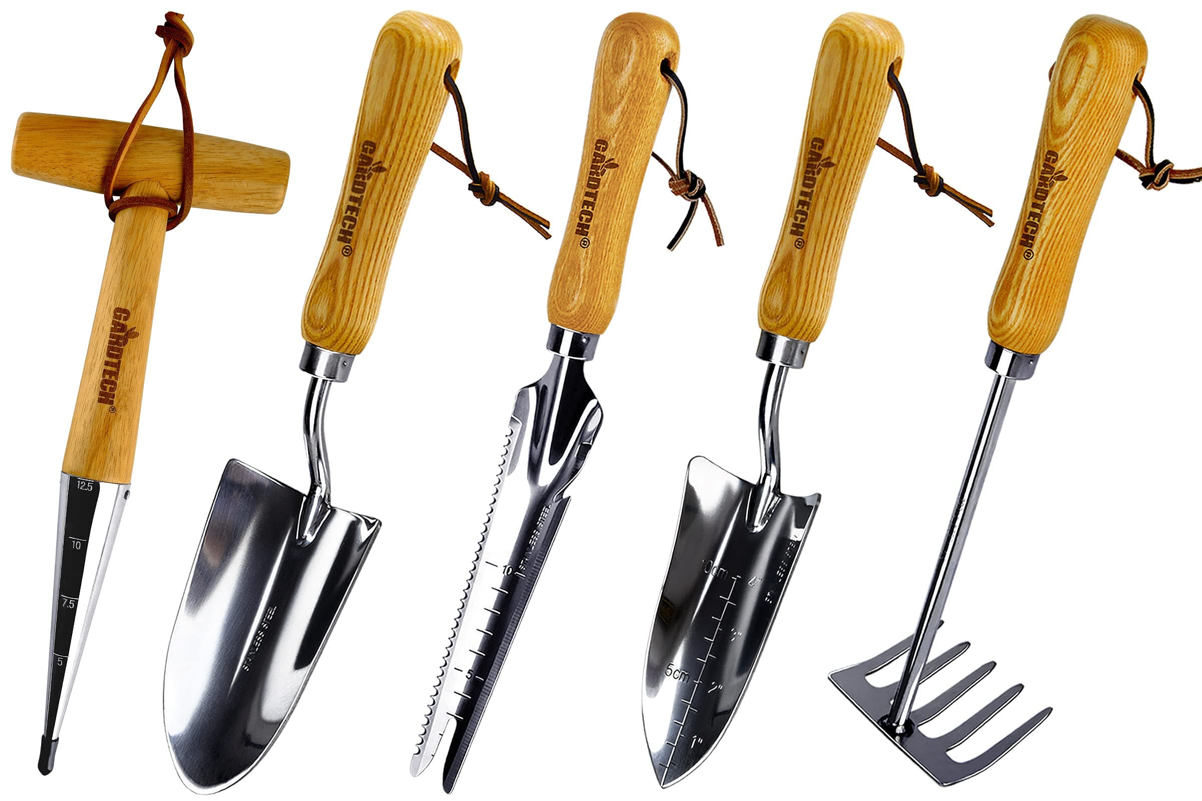 GardtechGarden Tool Set, 5 Pcs Gardening Tool Set with Weeder Puller, Dibber, Transplanter, Big Trowel, 5-Claw Cultivator - Wooden Handle Heavy Duty Stainless Steel Gardening Hand Tools