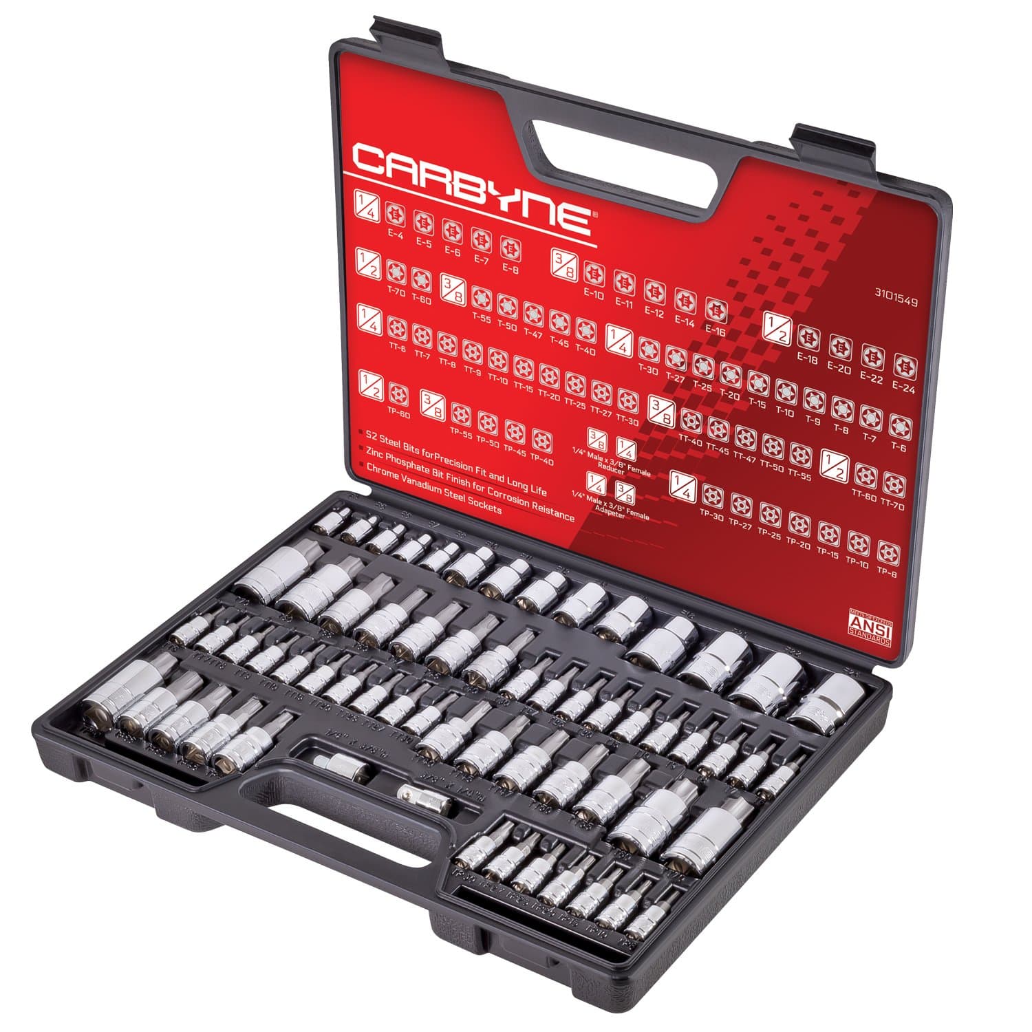 CARBYNE62 Pc Master Torx Bit Socket Set & Torx External Socket Set, S2 Steel Bits, CRV Sockets | 1/4-inch, 3/8-inch & 1/2-inch Drive