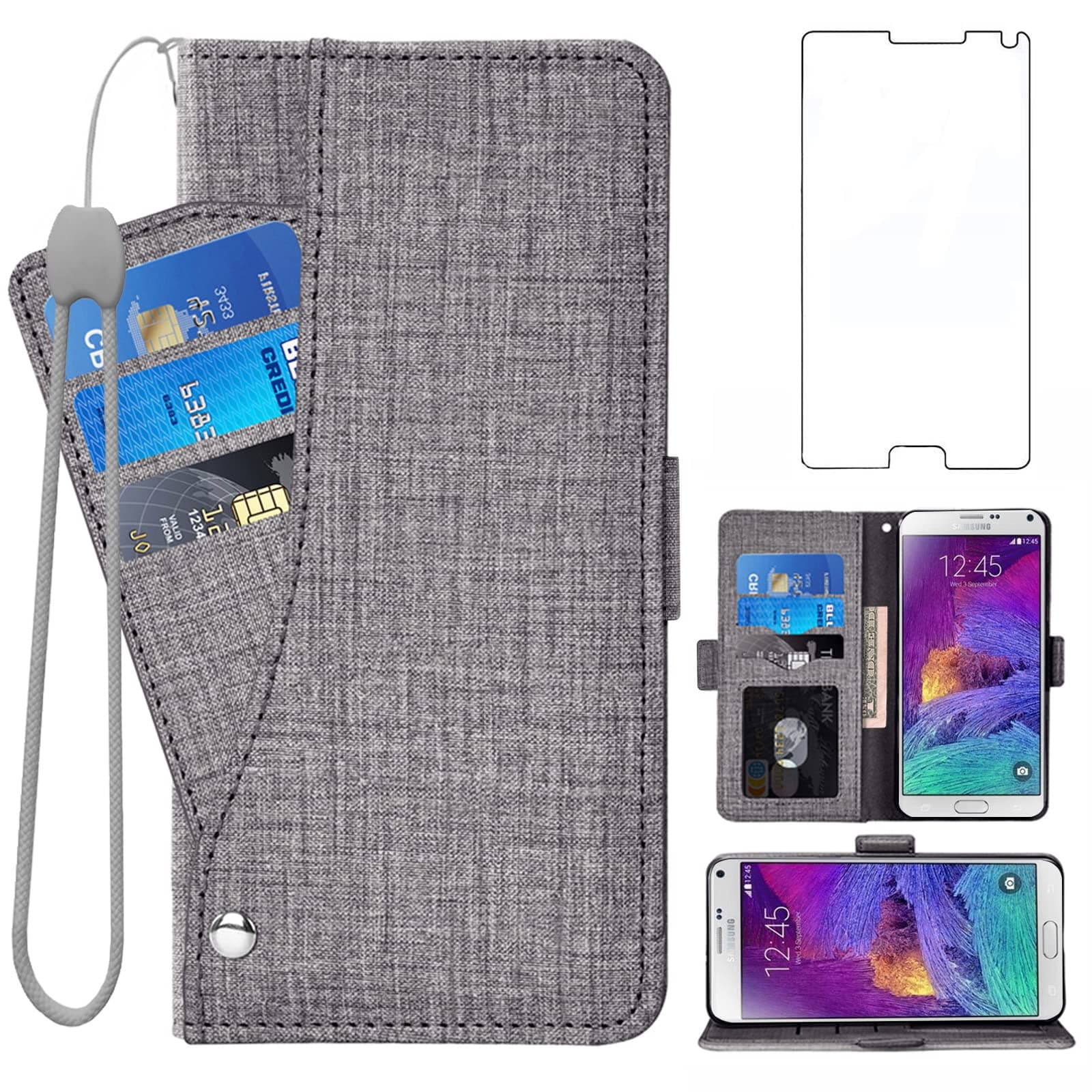 – Compatible with Samsung Galaxy Note 4 Wallet Case Tempered Glass Screen Protector and Flip Cover Card Holder Stand Cell Phone Cases for Glaxay Note4 Gaxaly N910A Not Notes Four Women Men Gray