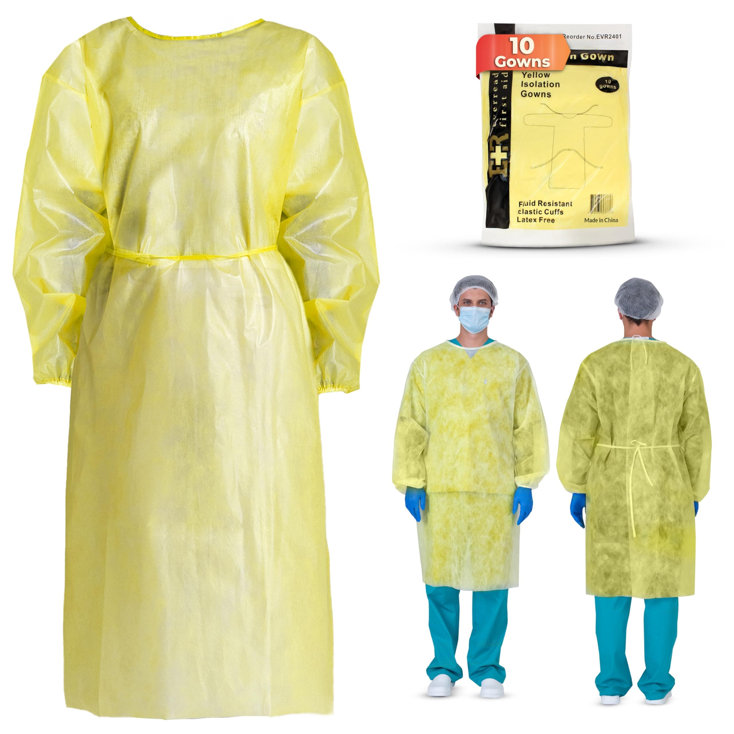 Ever Ready First Aid Isolation Gown with Elastic Wrists, Fluid Resistant, Yellow (Pack of 10)