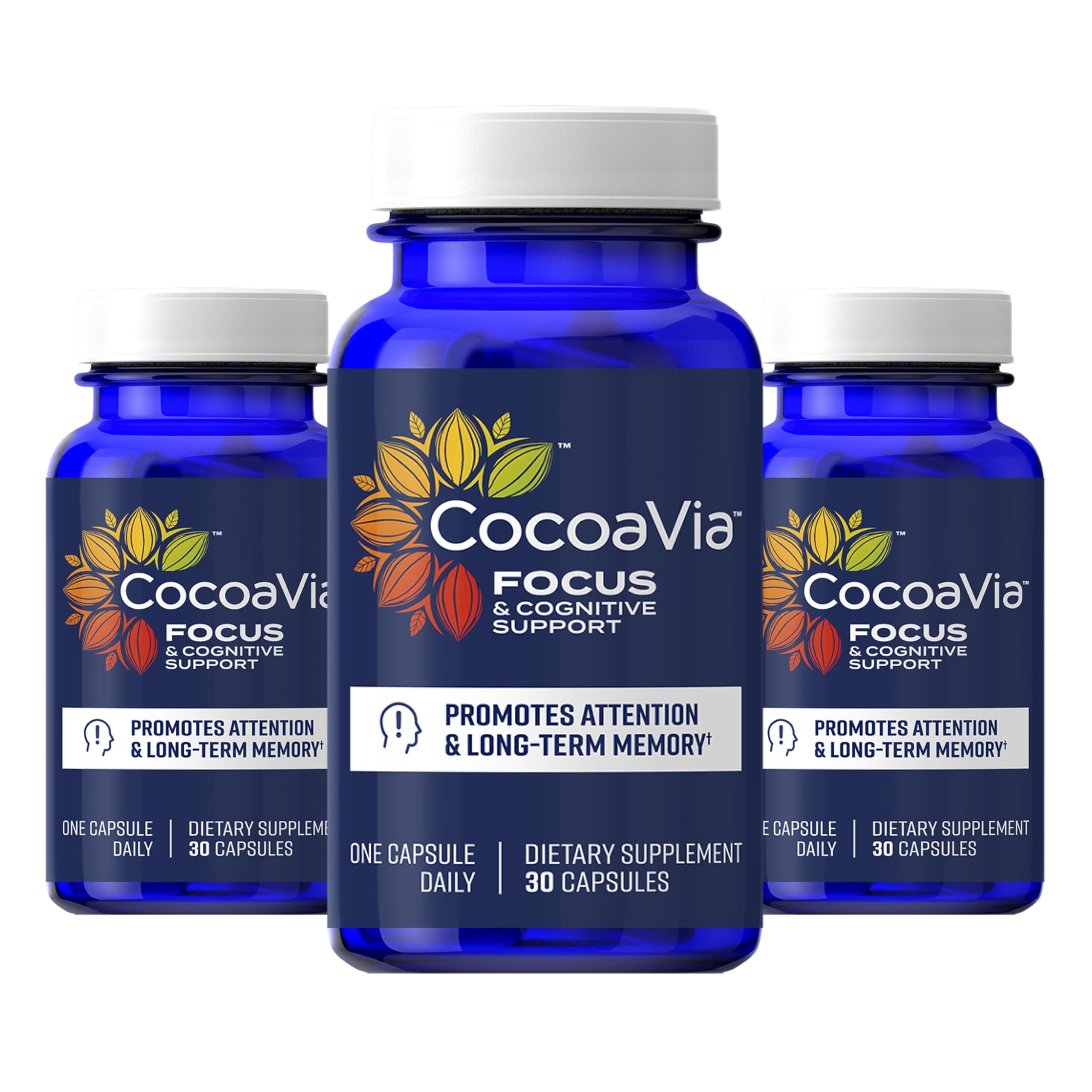 Memory & Focus Brain Supplement, 90 Day, Cocoa Flavanol Blend, Lutein, Added Caffeine for Boost. Improve Cognitive Function, Attention, Vegan & Plant Based, 90 Capsules