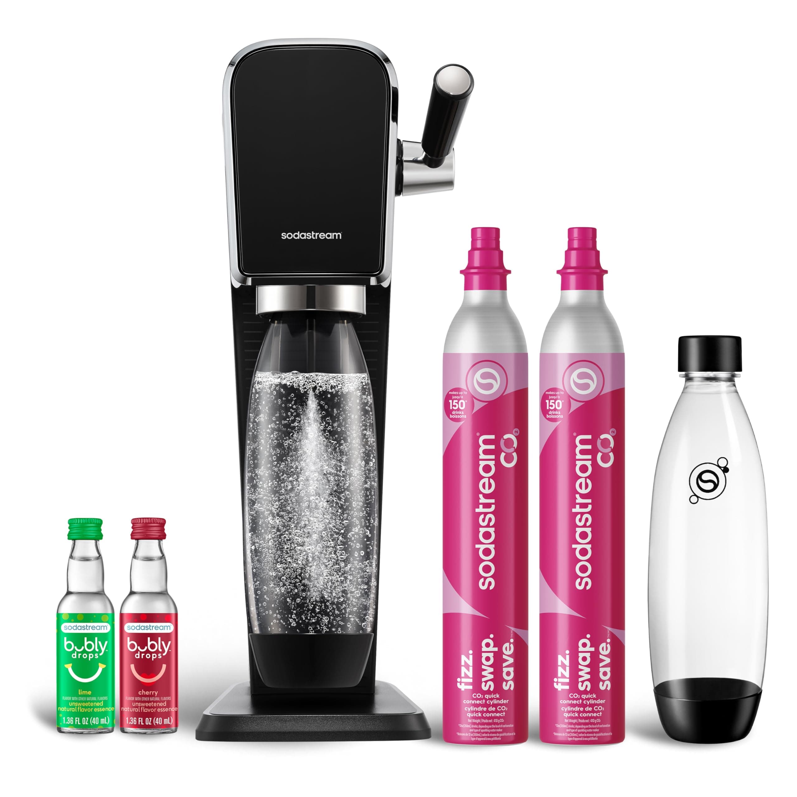 Art Sparkling Water Maker Bundle (Black), with CO2, Dishwasher Safe Bottles, and Bubly Drops Flavors