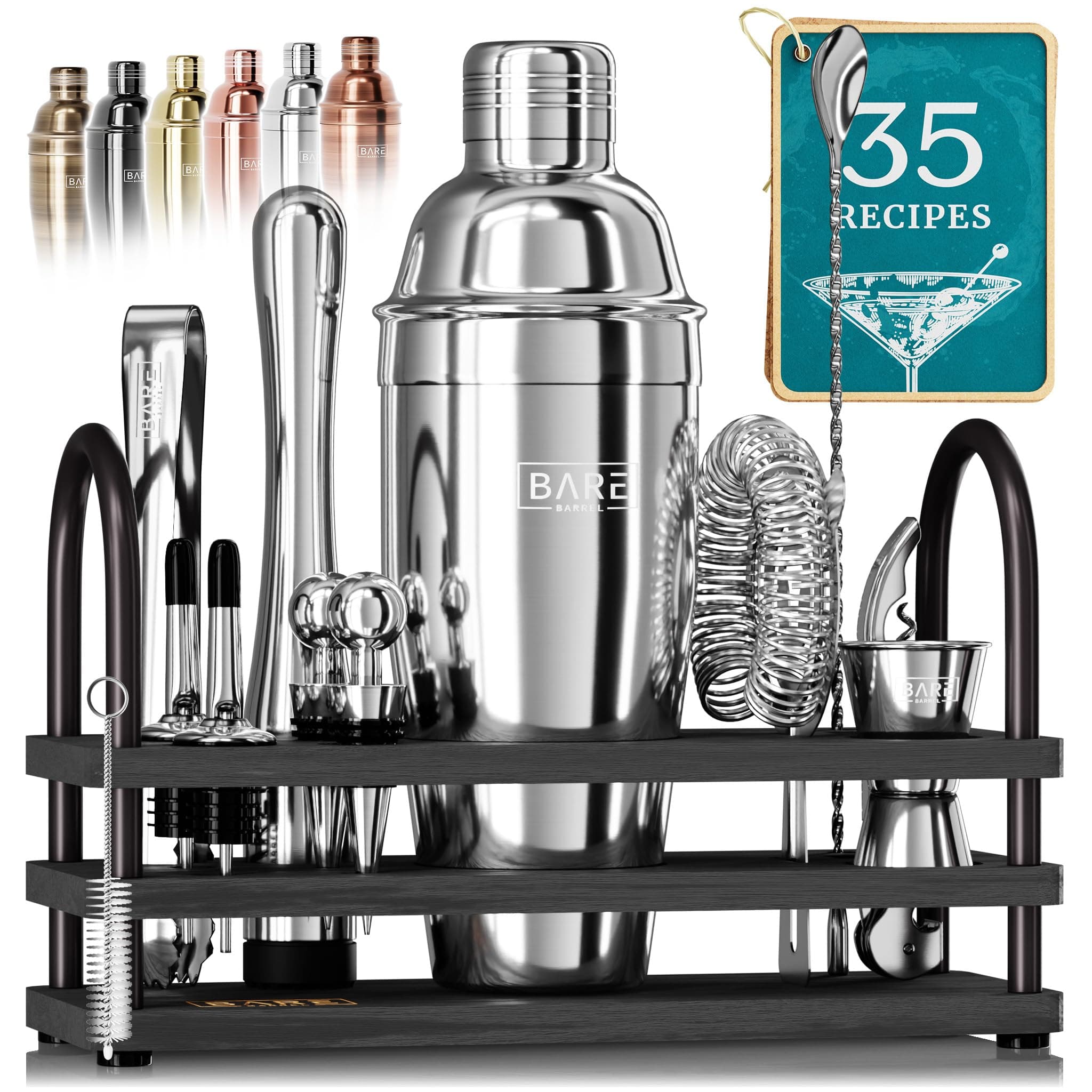 BARE BARREL® Cocktail Making Kit | 14-Piece Bartender Kit Cocktail Shaker Set Maker | Display Stand & 35 Recipe Cards | Mixology Cocktail Gift Set (675ml/24oz Cobbler Shaker, Silver/Black)