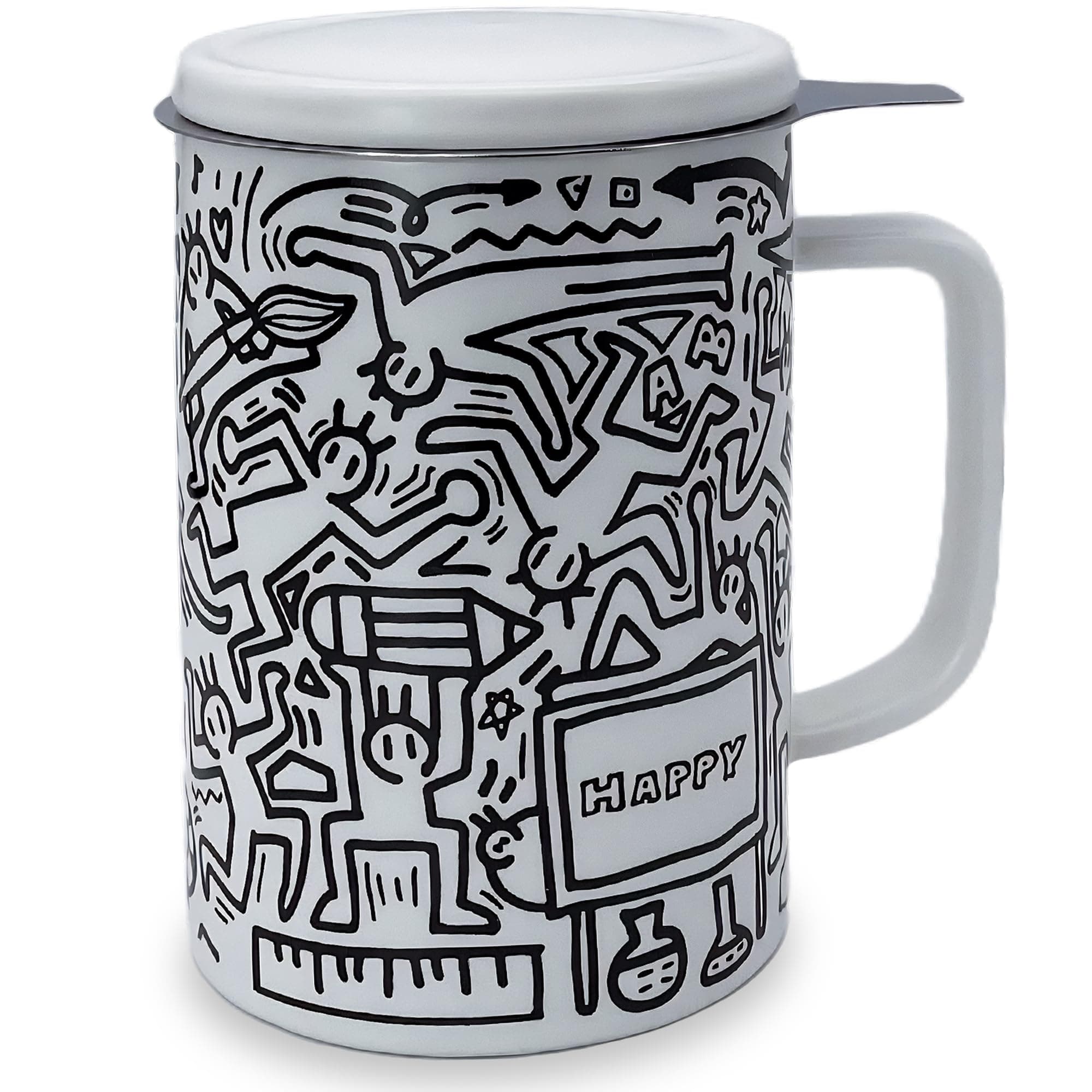 Doodle Style Tea Cup with Infuser and Lid, 14oz Tea Infuser Cup Loose Leaf Tea Mug with Strainer, Porcelain Tea Infuser Mug, Steeping Tea Cups for Microwave and Dishwasher Safe, Happy White