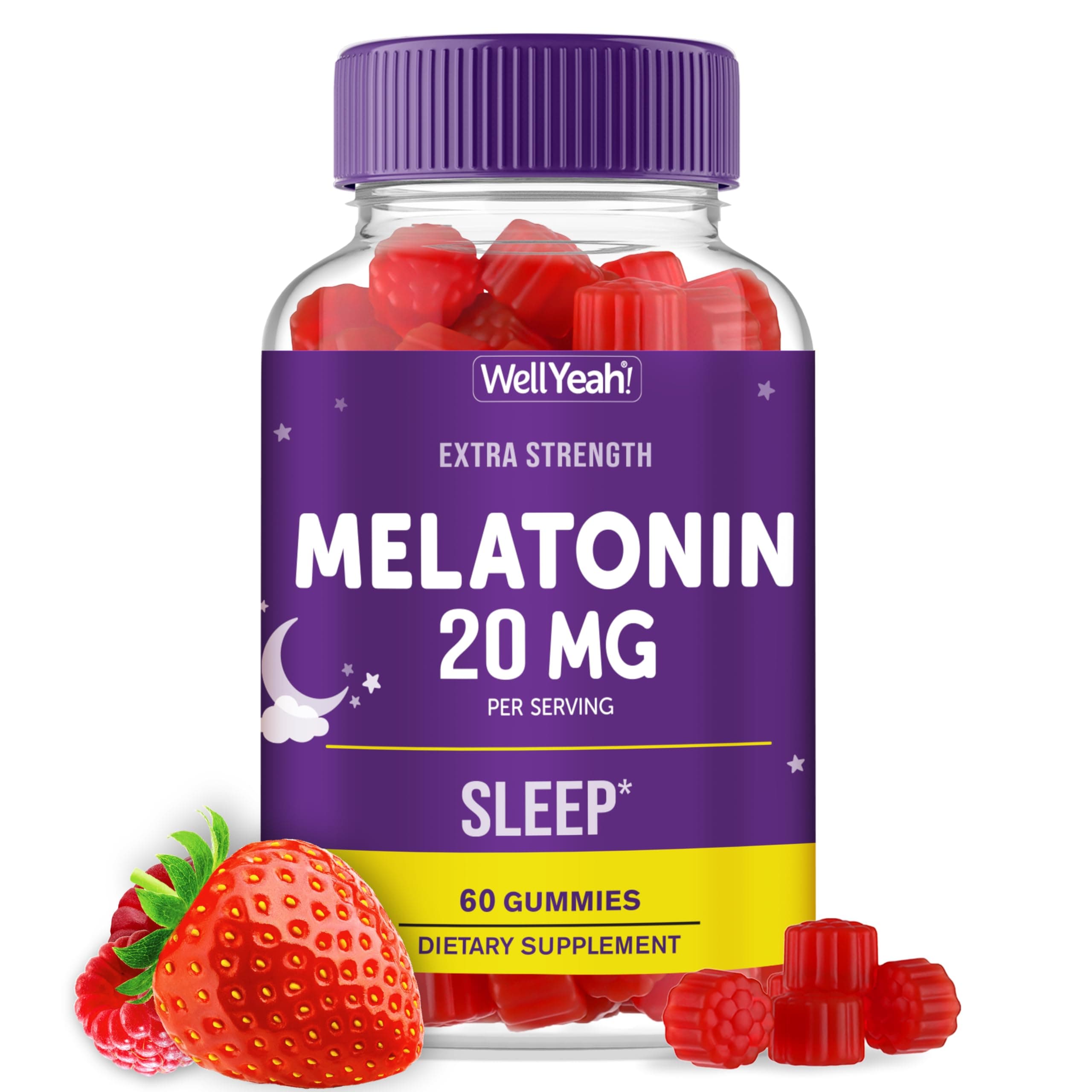 WellYeah Melatonin Gummies 20mg | Sleep Support | Maximum Strength Melatonin 20mg Gummies for Adults | Fast Dissolved | Great Berry Flavor | 60 Count | Vegan, Non GMO