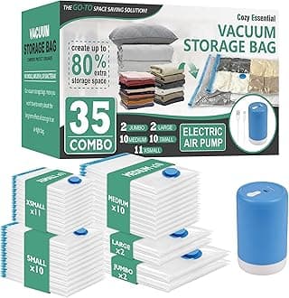 Cozy Essential Vacuum Storage Bags with Portable Rechargeable Wireless Electric Pump, Vacuum Seal Space Saver Bags for Clothing, Pillows, Blanket, Bedding, Comforters，35 Combo
