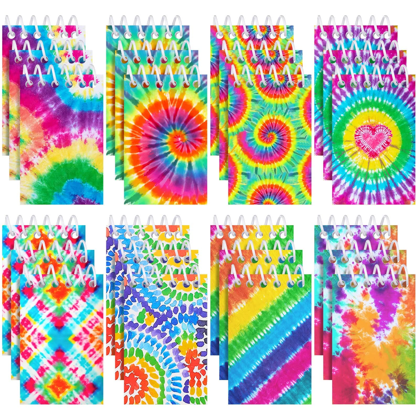24 Pcs Mini Tie Dye Notepads Multicolor Style Pocket Notebooks for Kids Spiral Mini Notebook Fun Coil Little Notepad Tie Dye Birthday Party Supplies Small Note Pads Tie Dye Party Favors(Vivid Style)