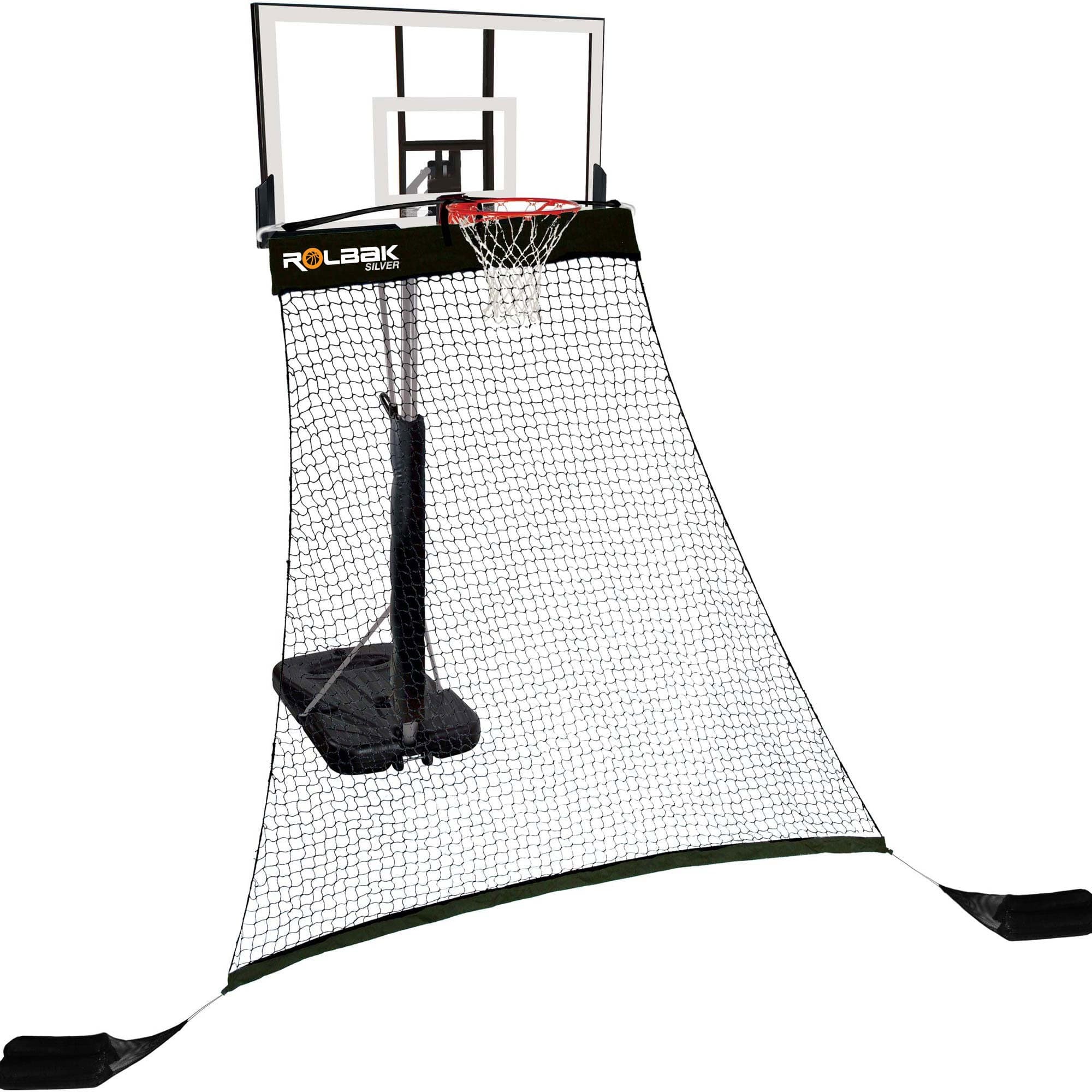 Silver Basketball Return Net with 2 Refillable Sand Bags, Webbing Harness, and Nylon Brackets