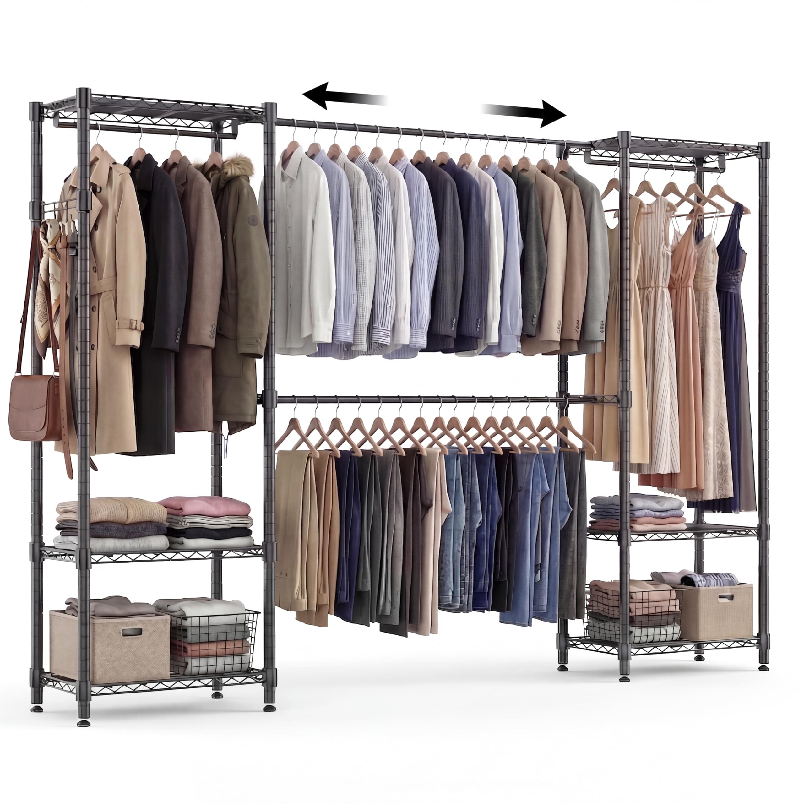 Himimi Heavy Duty Clothes Rail, Open Wardrobes for Bedroom, Walk in Wardrobe Storage Systems with 4 Hanging Rods & 6 Adjustable Shelves, Extendable Clothes rail Clothing Rack, 35×182-240×180 cm, Black